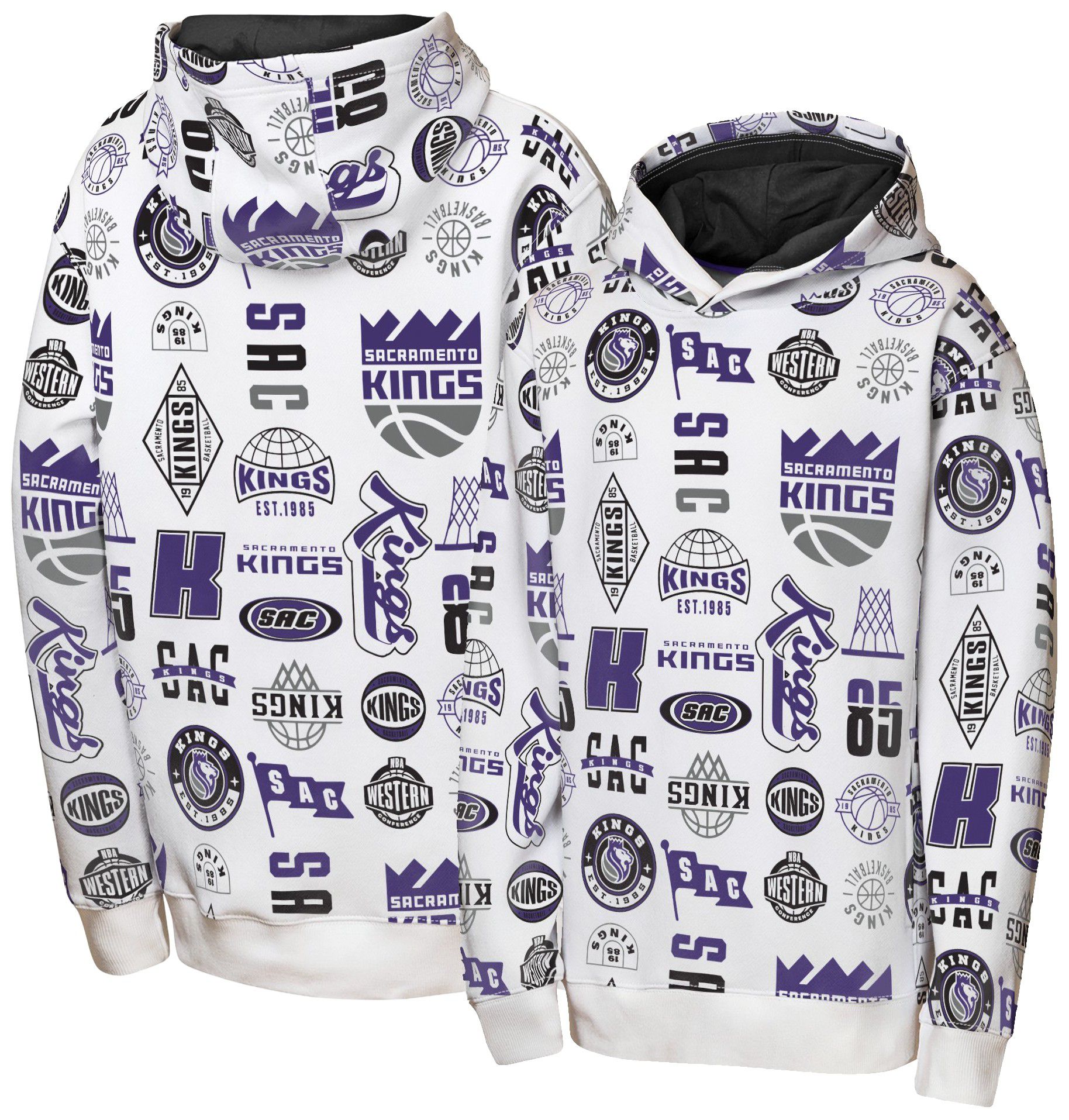 NBA Team Apparel Youth Sacramento Kings 3 and D All Over Print Hoodie, Medium, White