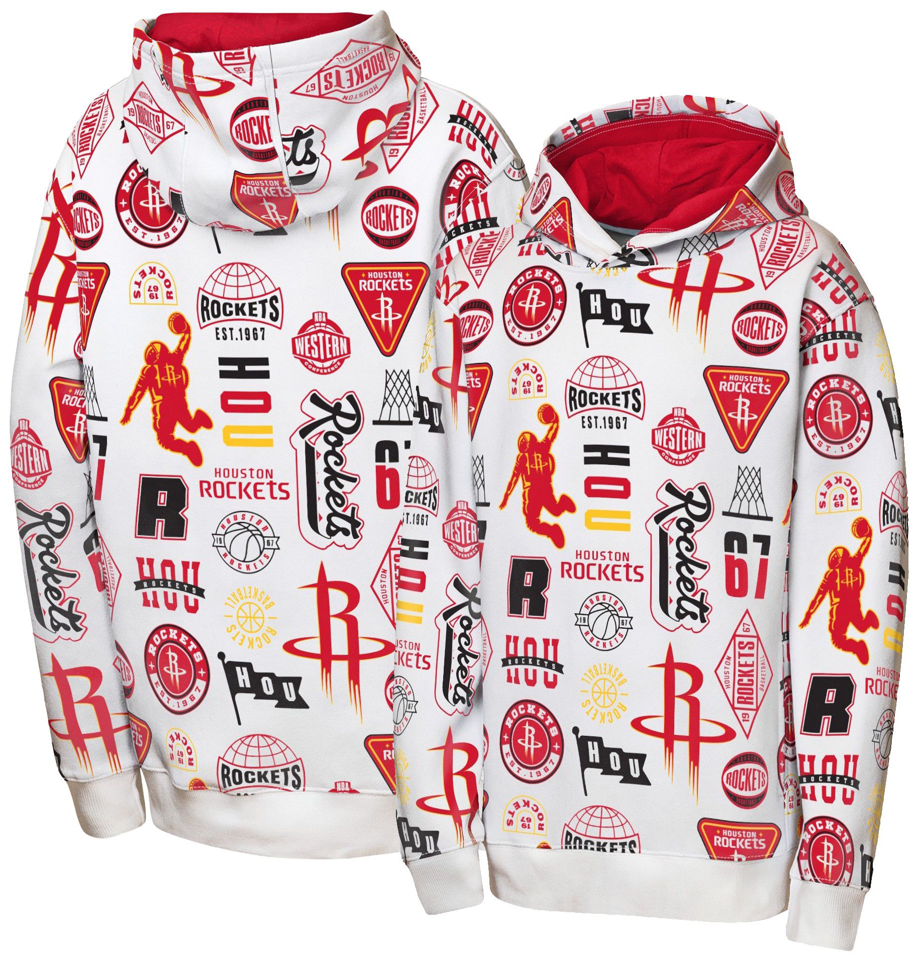 NBA Team Apparel Youth Houston Rockets 3 and D All Over Print Hoodie, Large, White