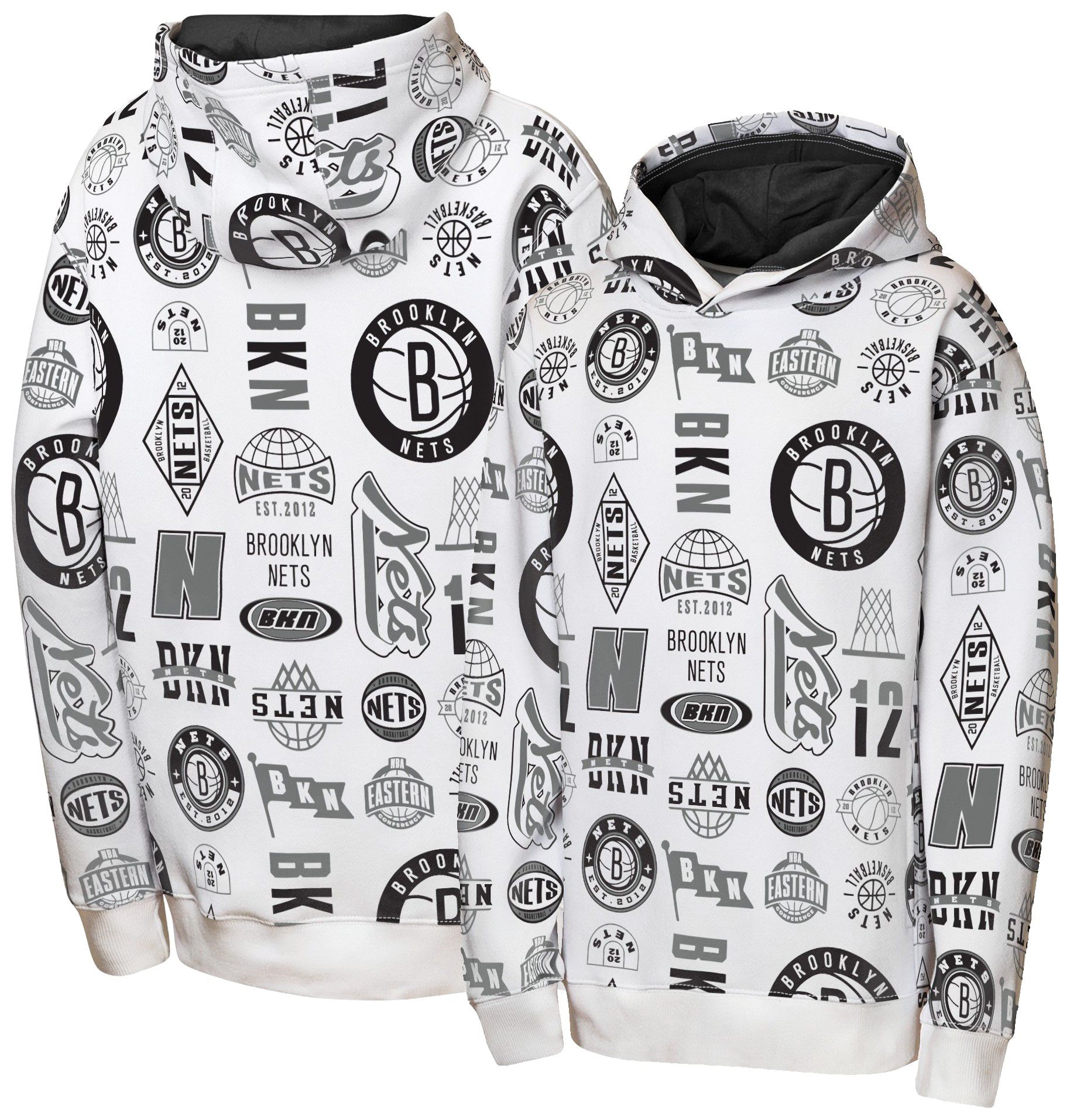 NBA Team Apparel Youth Brooklyn Nets 3 and D All Over Print Hoodie, Medium, White