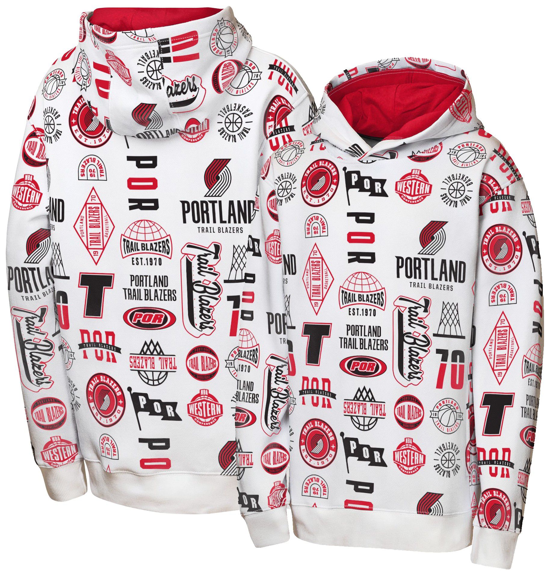 NBA Team Apparel Youth Portland Trail Blazers 3 and D All Over Print Hoodie, XL, White