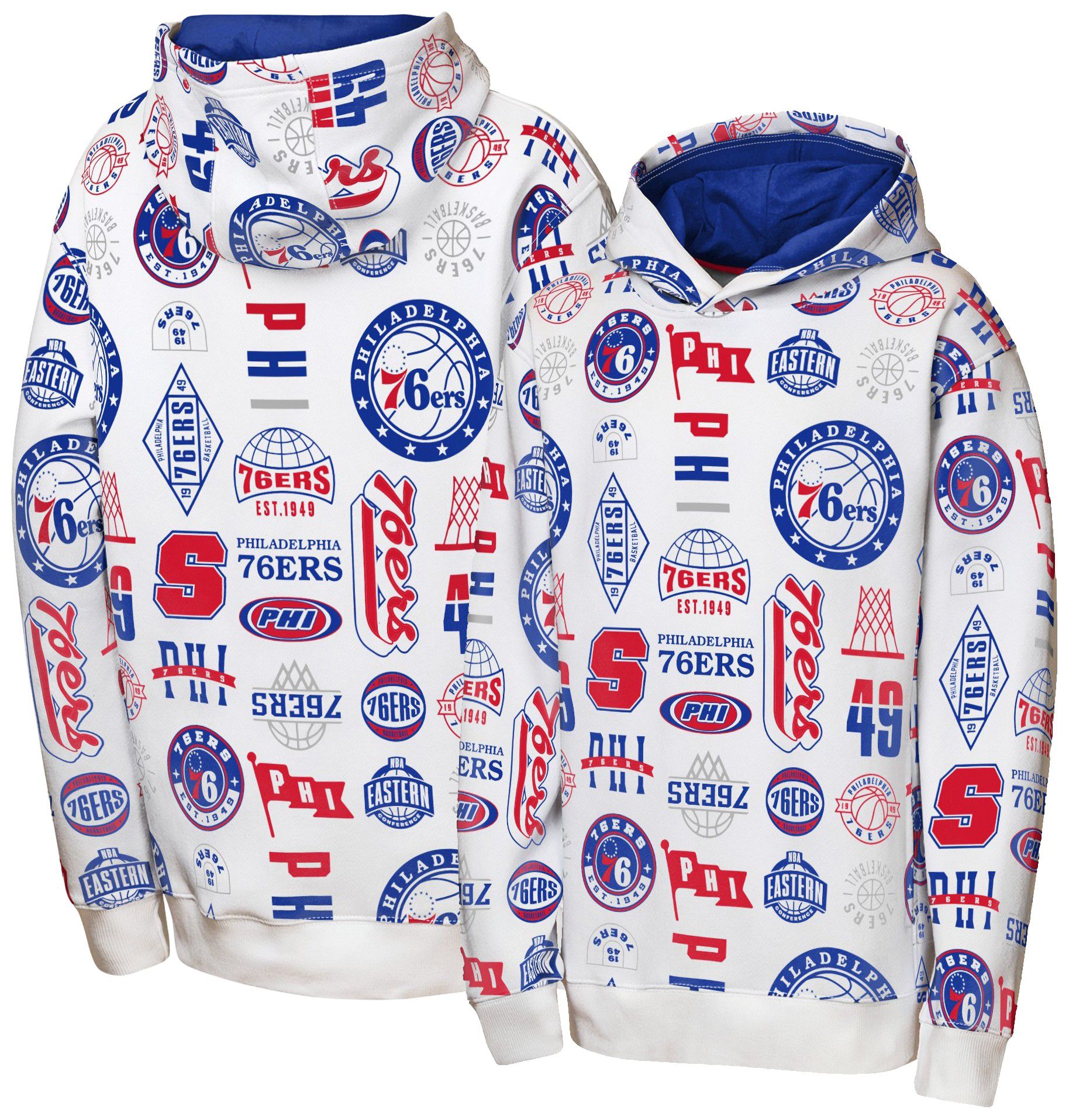 NBA Team Apparel Youth Philadelphia 76ers 3 and D All Over Print Hoodie, XL, White