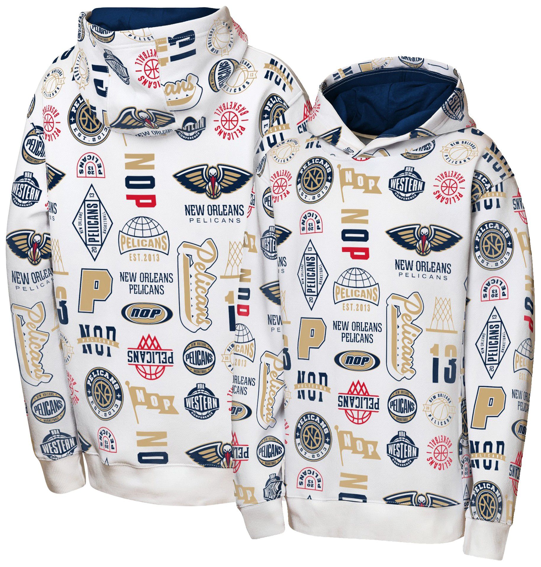 NBA Team Apparel Youth New Orleans Pelicans 3 and D All Over Print Hoodie, Small, White