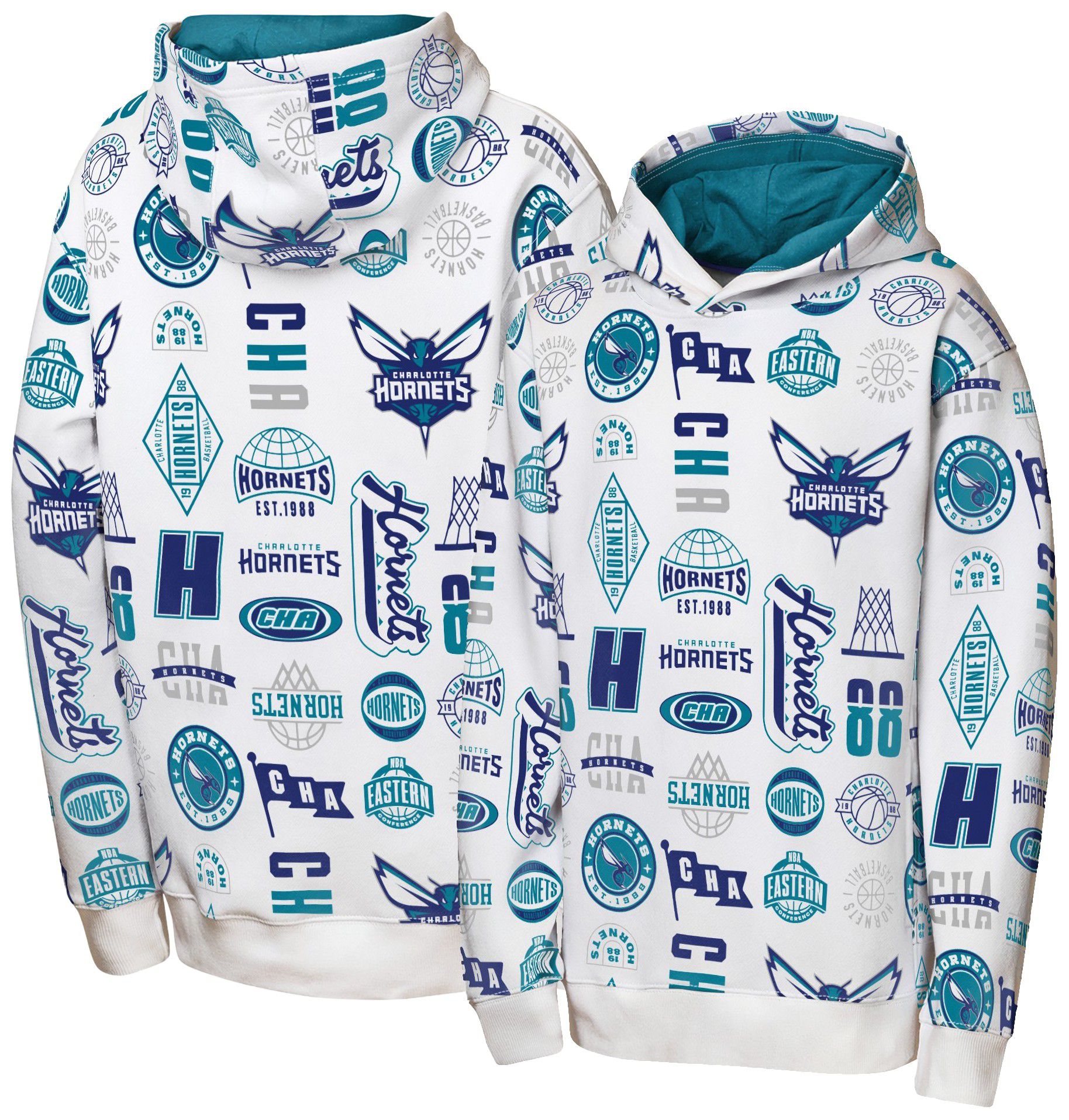 NBA Team Apparel Youth Charlotte Hornets 3 and D All Over Print Hoodie, Small, White