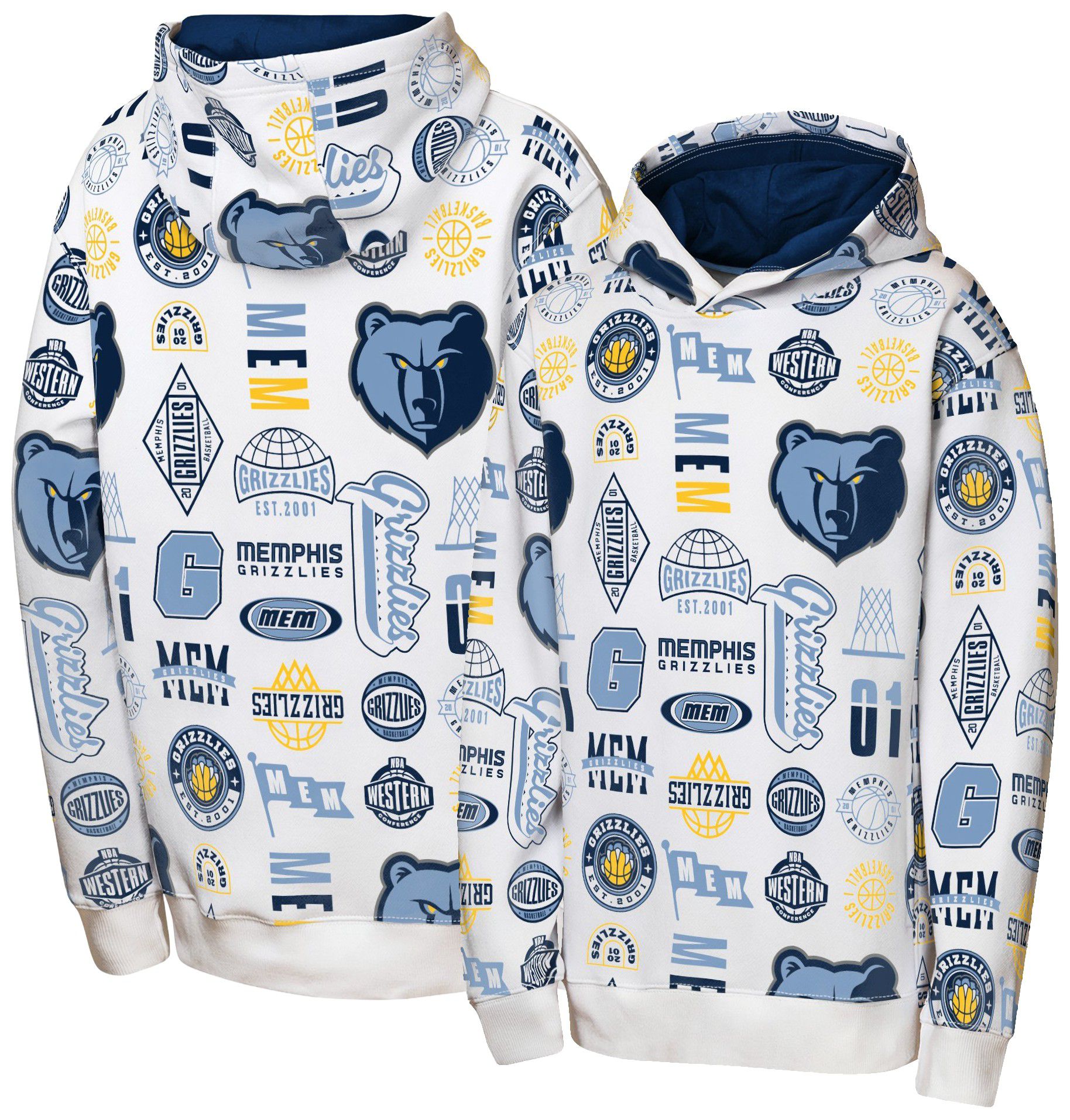 NBA Team Apparel Youth Memphis Grizzlies 3 and D All Over Print Hoodie, Small, White