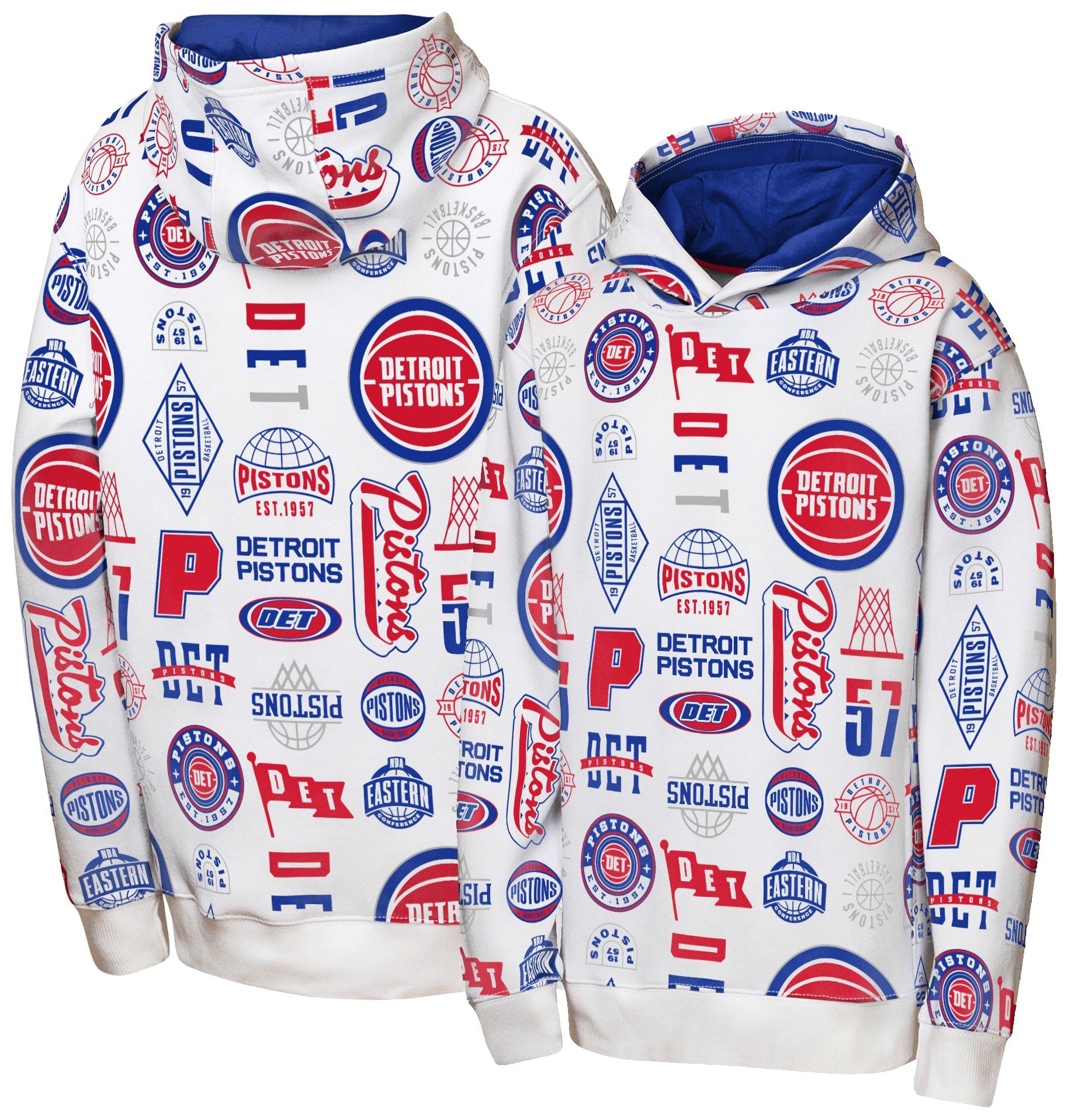NBA Team Apparel Youth Detroit Pistons 3 and D All Over Print Hoodie, Medium, White