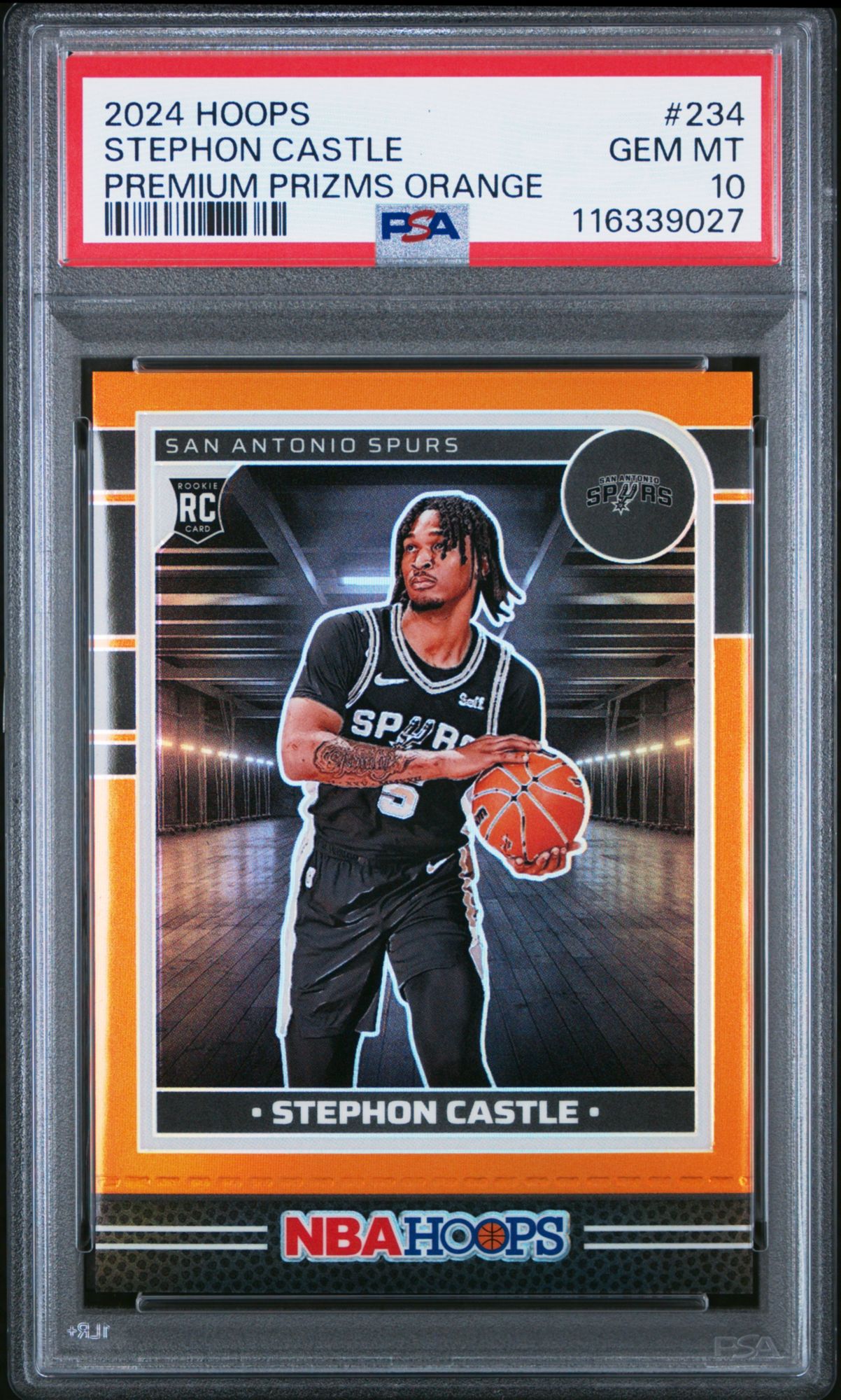 2024 Panini NBA Hoops 234 Stephon Castle Premium Prizms Orange PSA 10