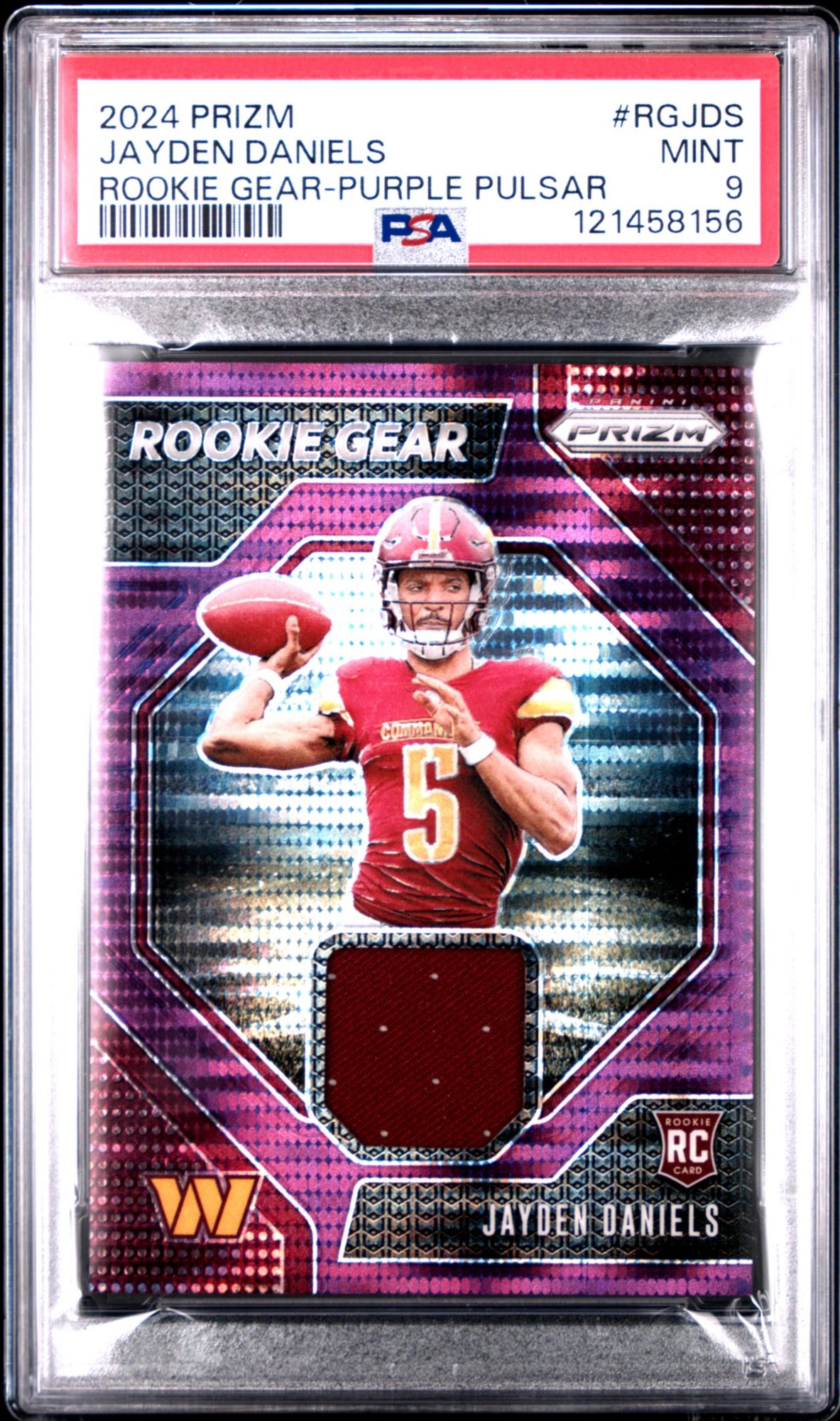 2024 Panini Prizm Rookie Gear RGJDS Jayden Daniels Purple Pulsar PSA 9