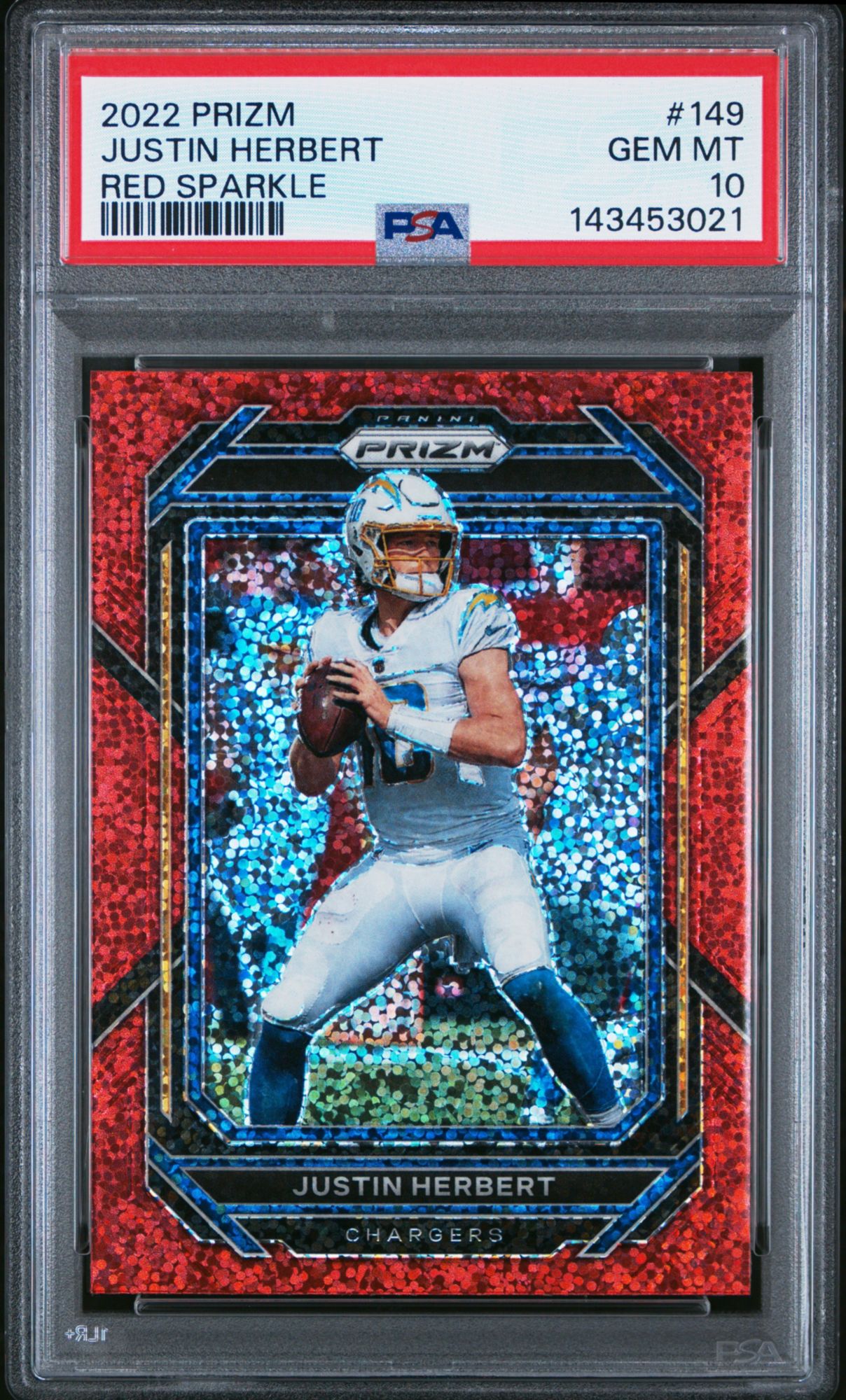2022 Panini Prizm 149 Justin Herbert Red Sparkle PSA 10