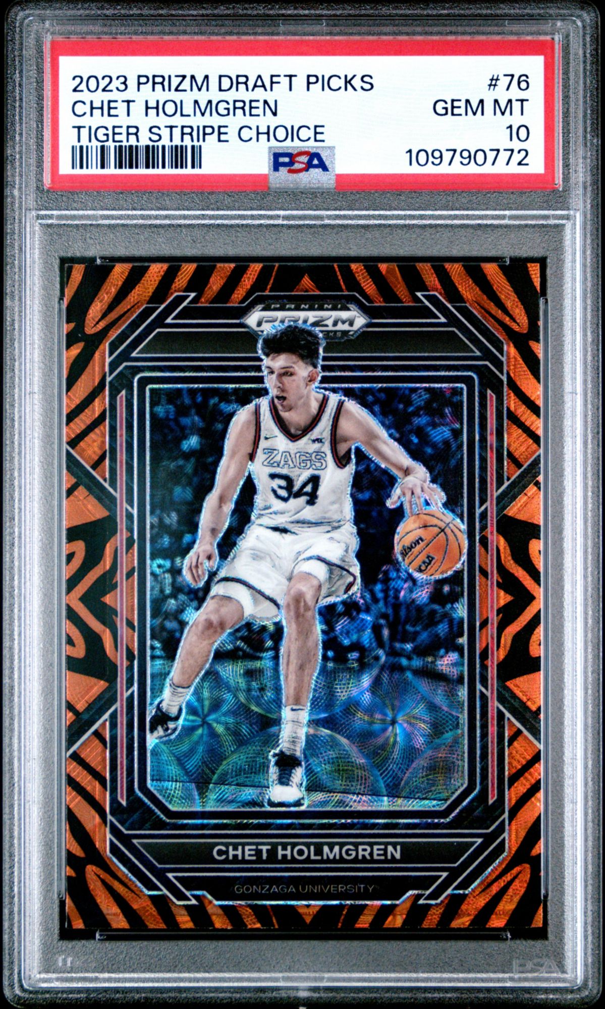 2023 Panini Prizm Draft Picks 76 Chet Holmgren Tiger Stripe Choice PSA 10