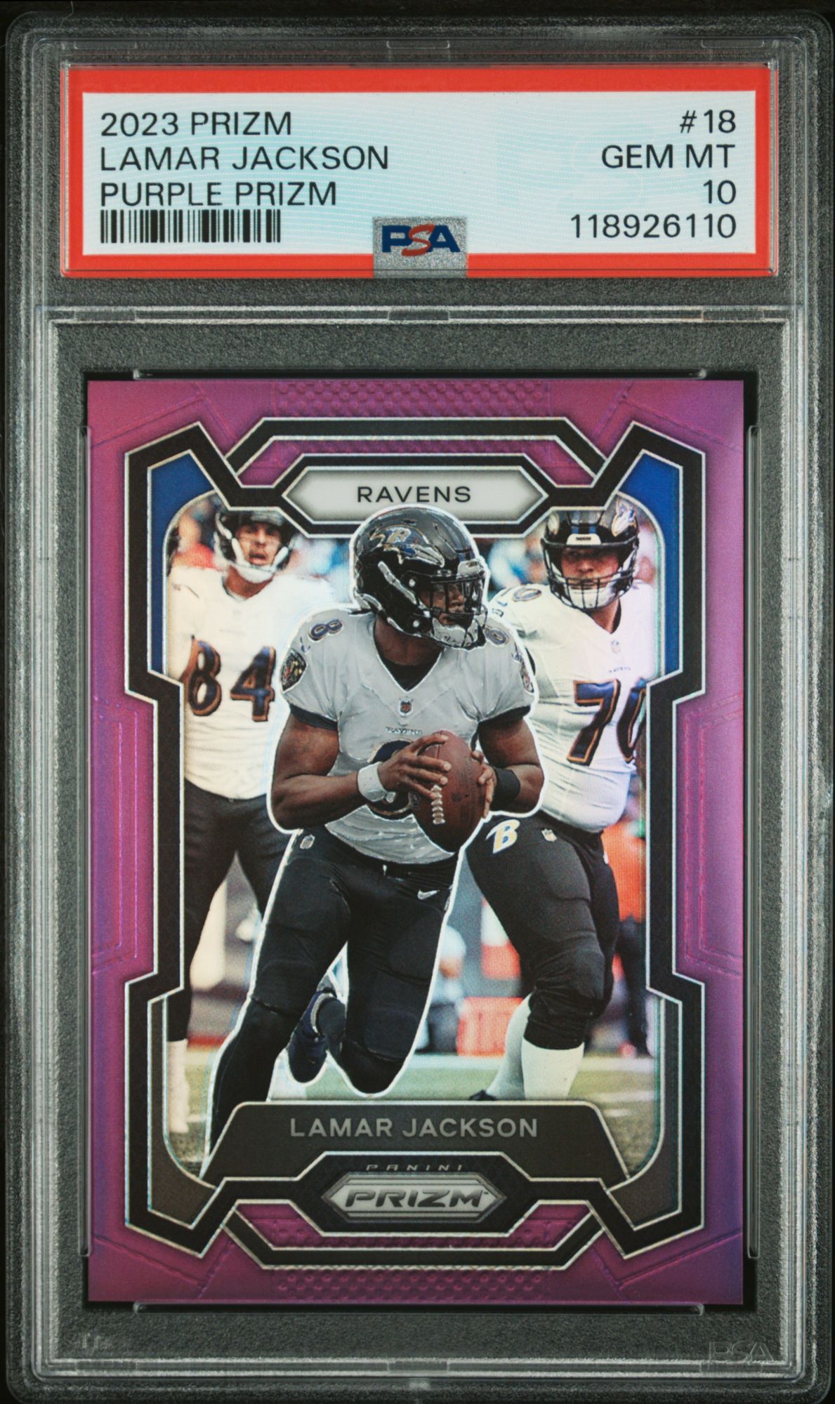 2023 Panini Prizm 18 Lamar Jackson Purple Prizm PSA 10