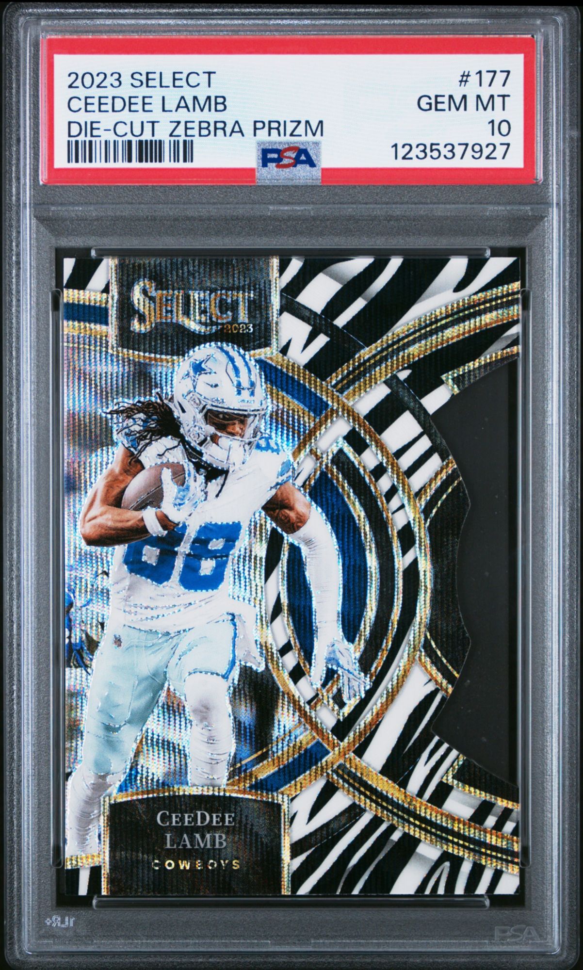 2023 Panini Select 177 Ceedee Lamb Die-cut Zebra Prizm PSA 10