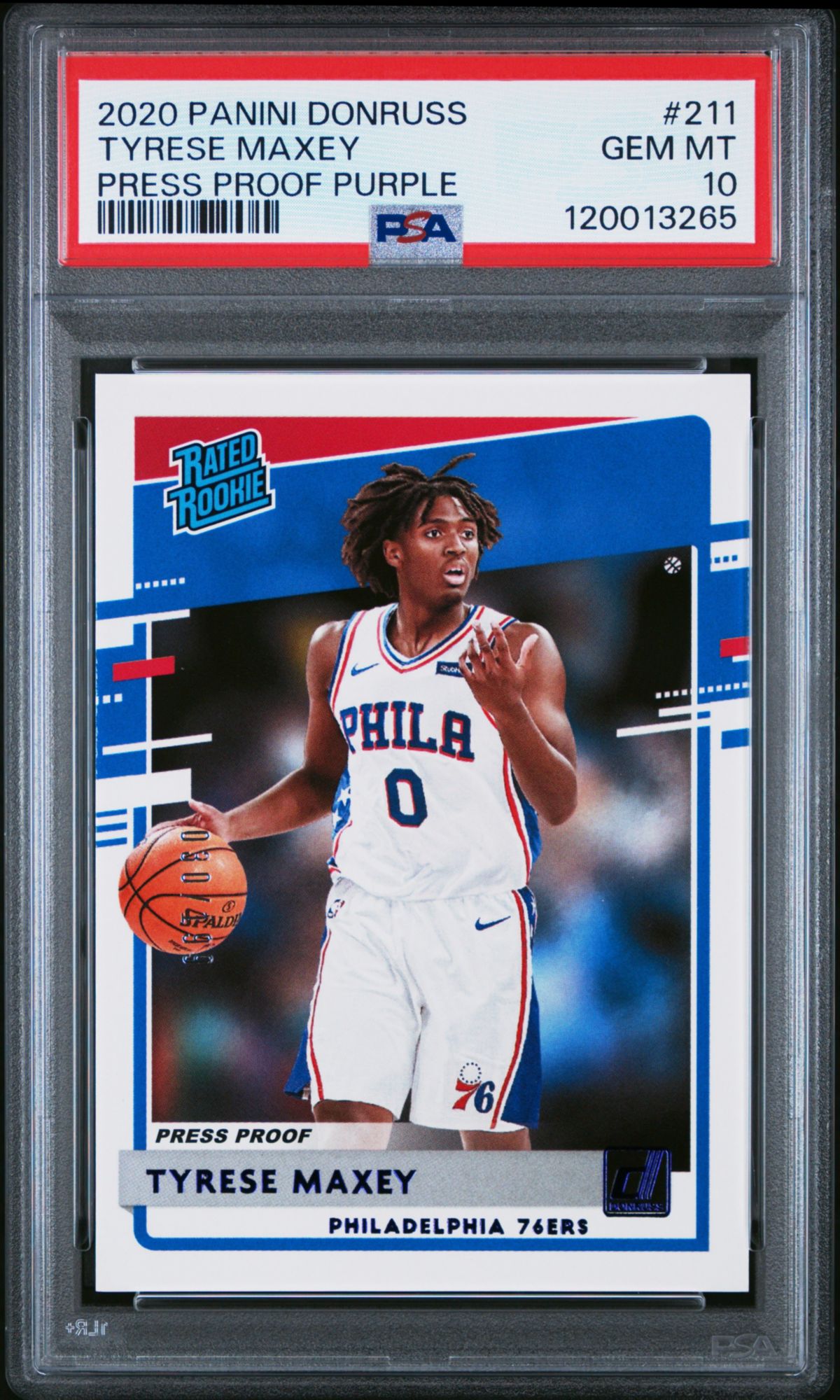 2020 Panini Donruss 211 Tyrese Maxey Press Proof Purple PSA 10