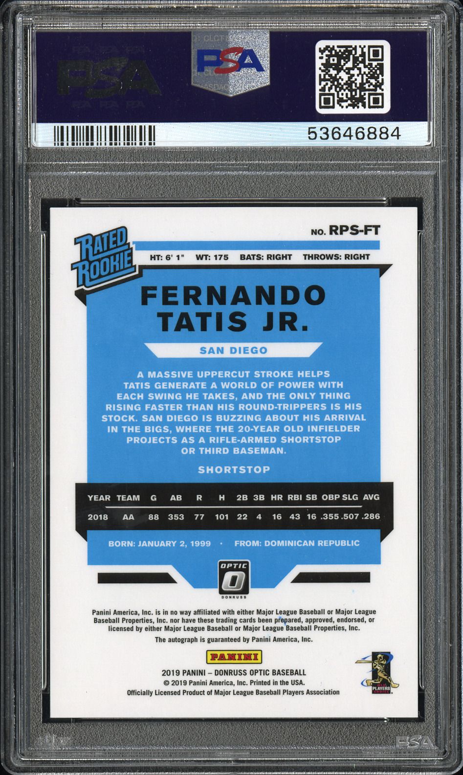 2019 Panini Donruss Optic Rated Rookie Signatures FT Fernando Tatis Jr. PSA 10