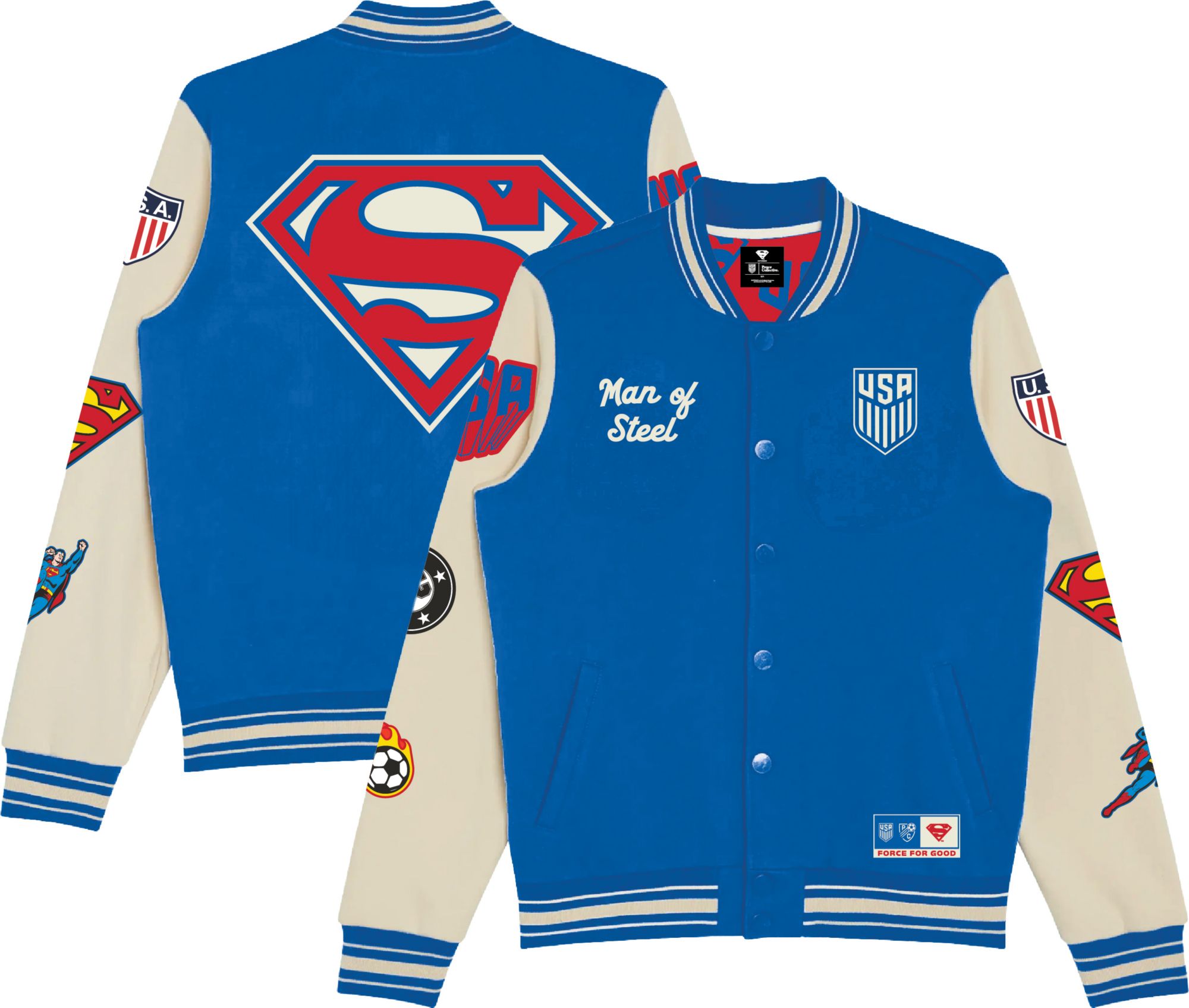 Peace Collective Adult U.S. Soccer | DC Worlds Collide Superman Varsity Jacket