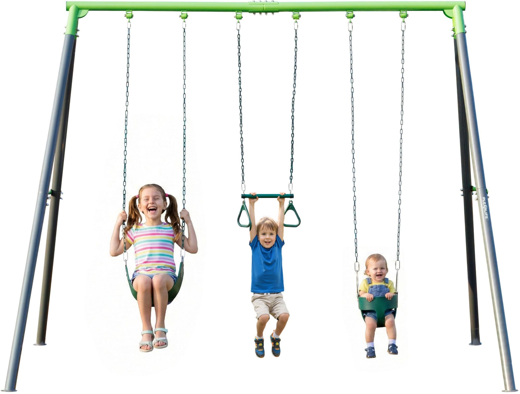 Plexalife 9ft. Heavy-Duty Metal Swing Set - Bucket, Belt, Trapeze
