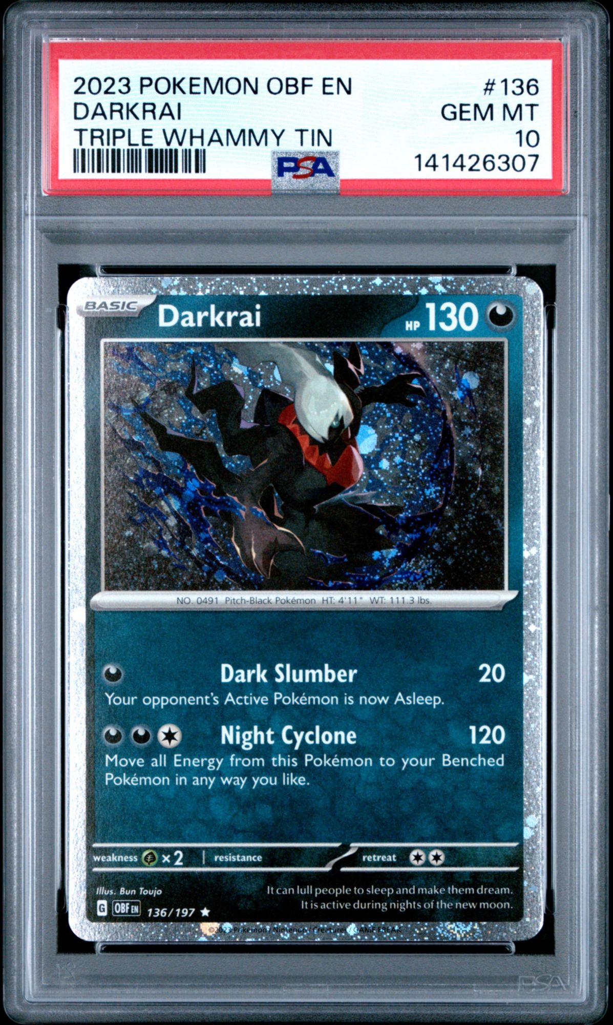 2023 Pokemon Obf En-Obsidian Flames 136 Darkrai Triple Whammy Tin PSA 10
