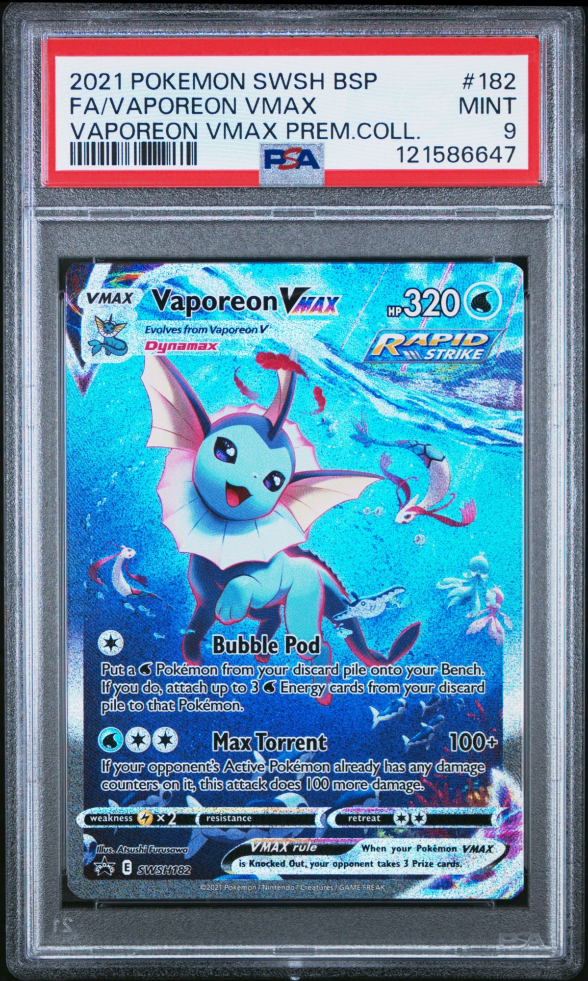 2021 Pokemon Swsh Black Star Promo 182 Full Art/vaporeon Vmax Vaporeon Vmax Premium Collection PSA 9