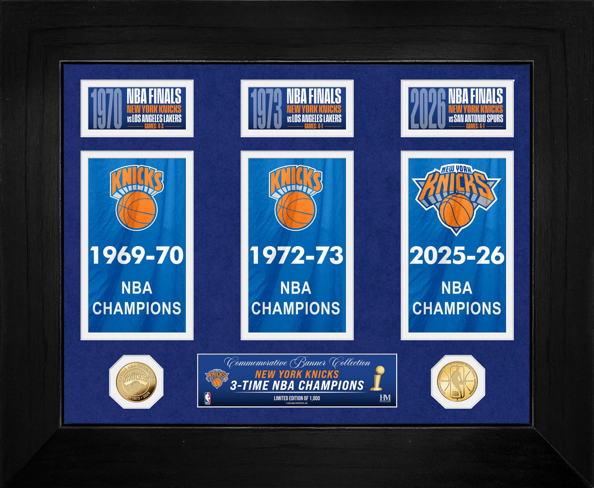 Highland Mint New York Knicks 3x NBA Finals Champions Deluxe Banner Frame