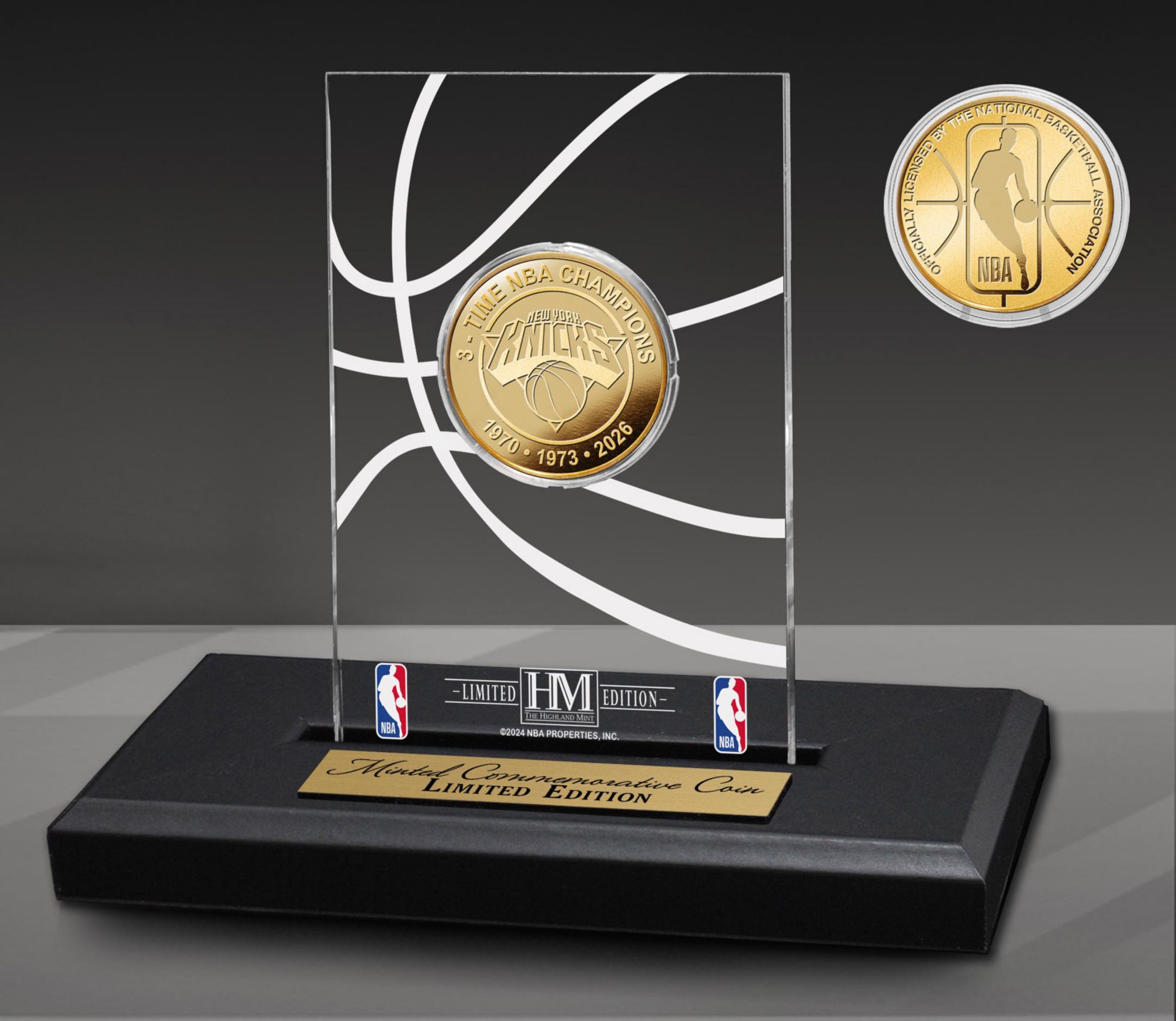 Highland Mint New York Knicks 3x NBA Finals Champions Gold Coin in Acrylic Display