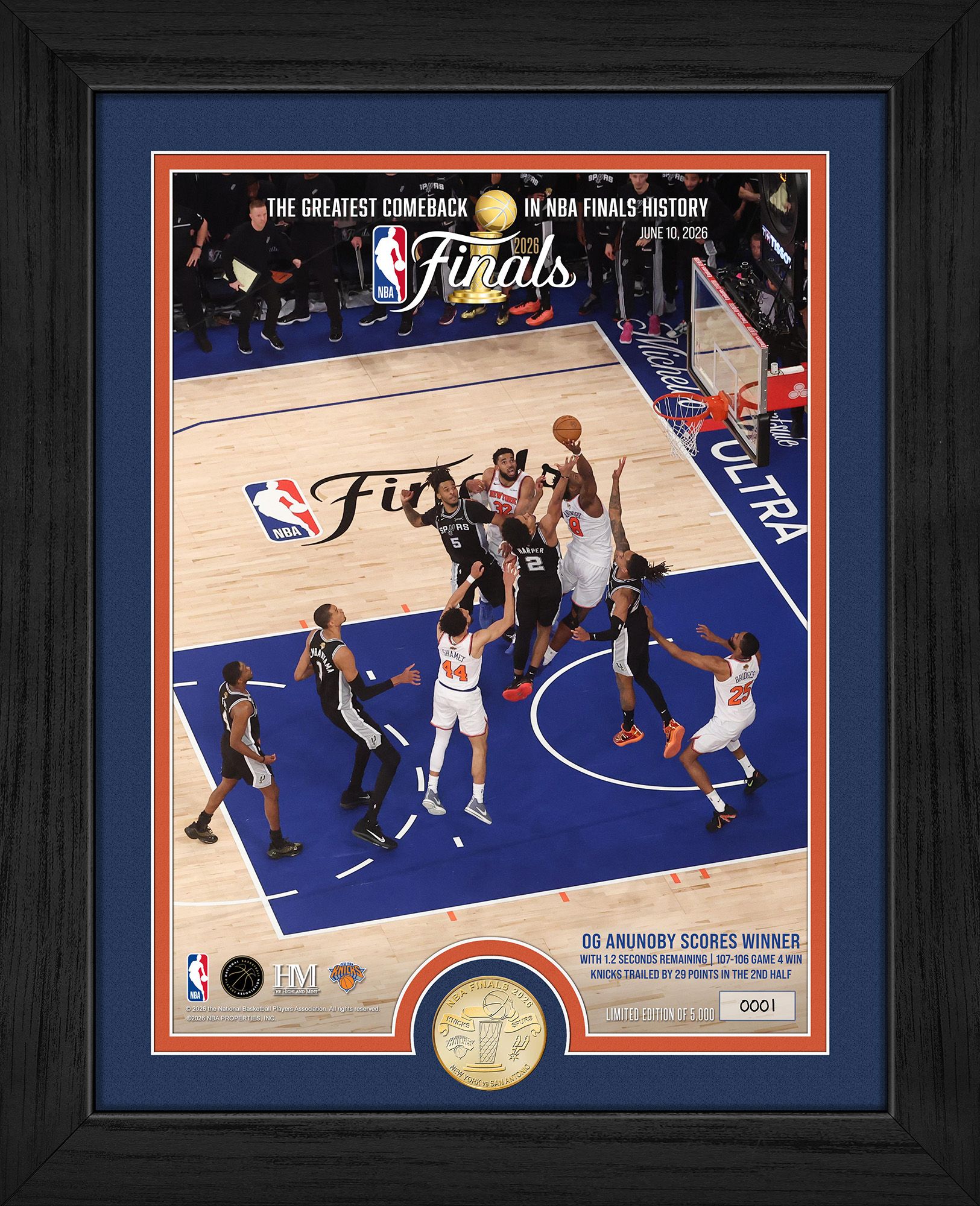 Highland Mint 2026 NBA Champions New York Knicks OG Anunoby Tip In Photo Frame