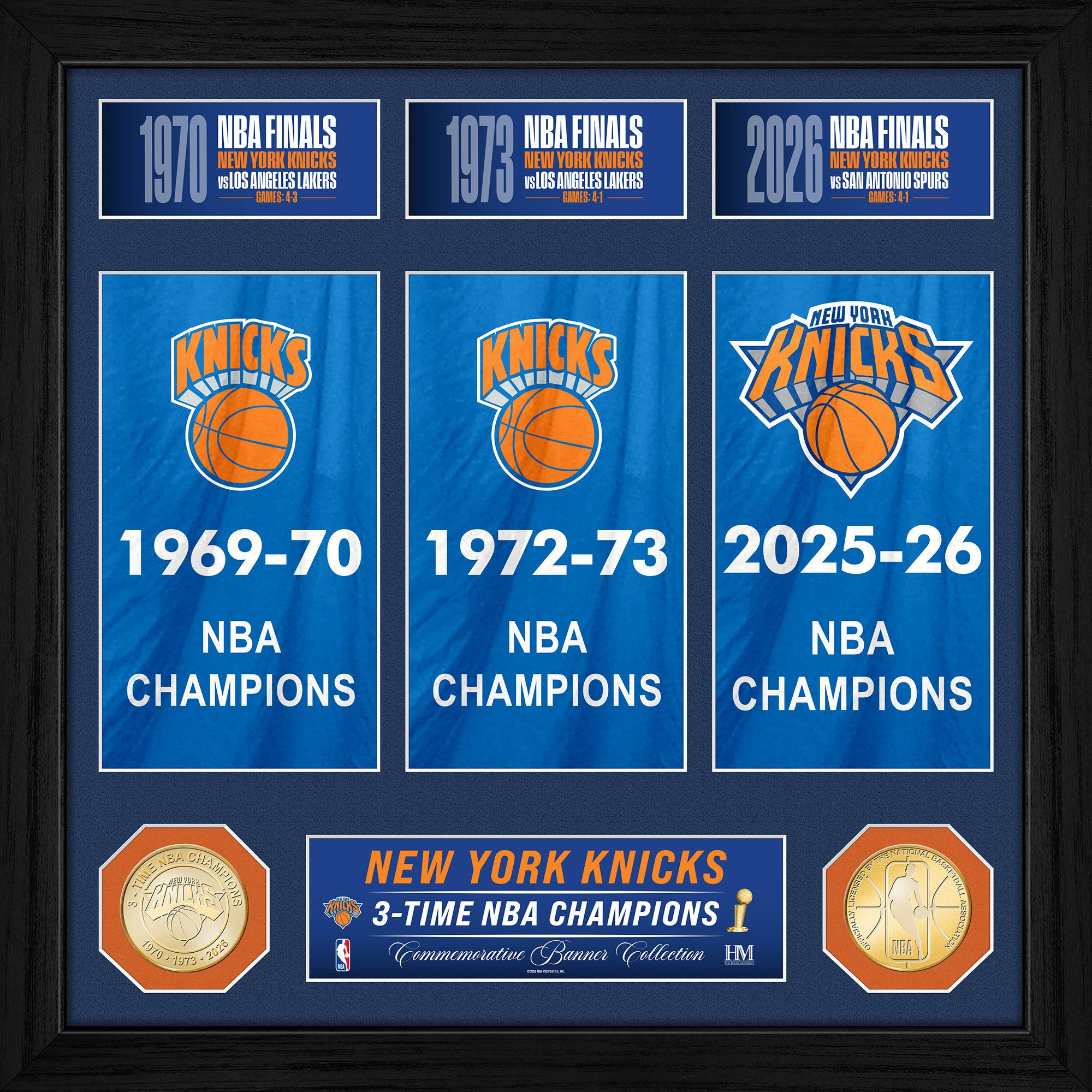 Highland Mint New York Knicks 3x NBA Finals Champions Banner Frame