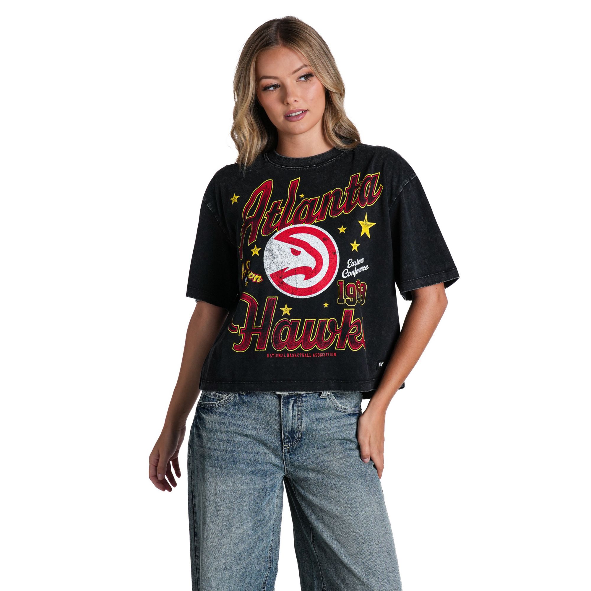 The Wild Collective Women's Atlanta Hawks Washed Band Graphic T-Shirt, Small, Black