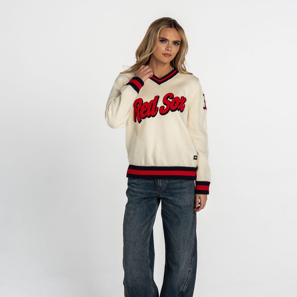 The Wild Collective Women's Boston Red Sox Cream Jacquard V-Neck Sweater