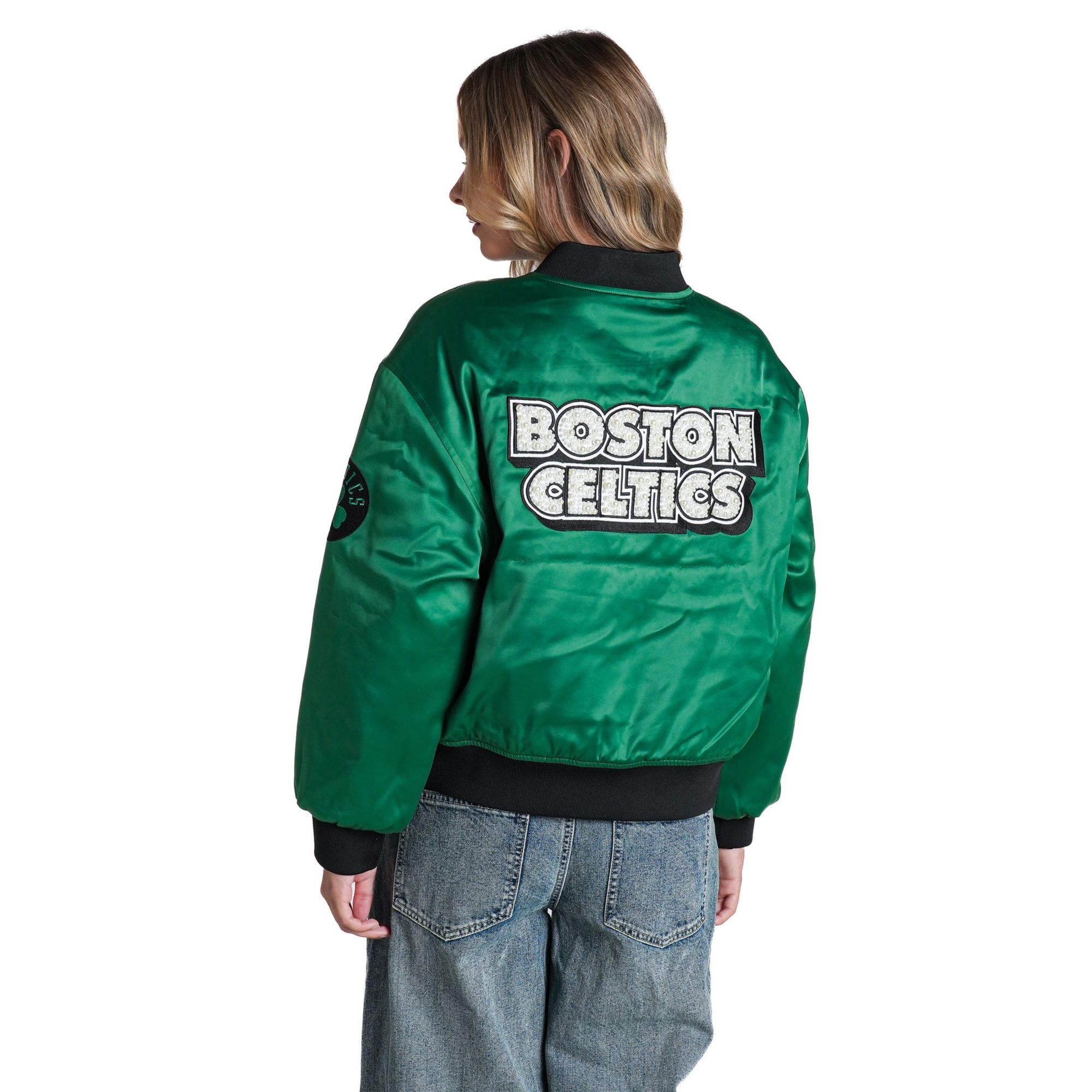 The Wild Collective Women's Boston Celtics Pearl Satin Jacket