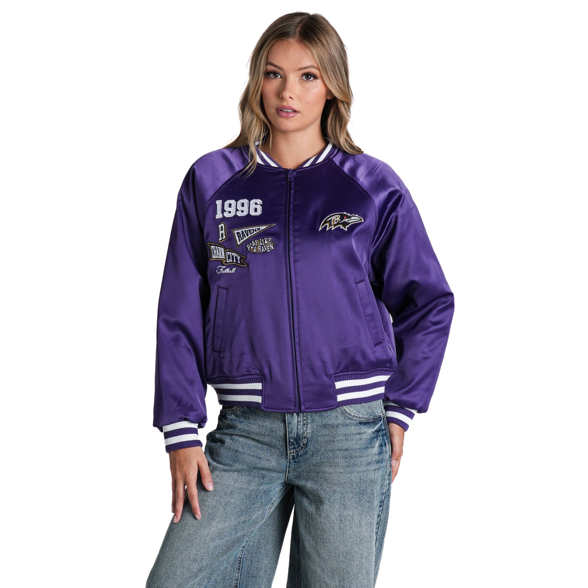 The Wild Collective Women's Baltimore Ravens Satin Raglan Bomber Jacket