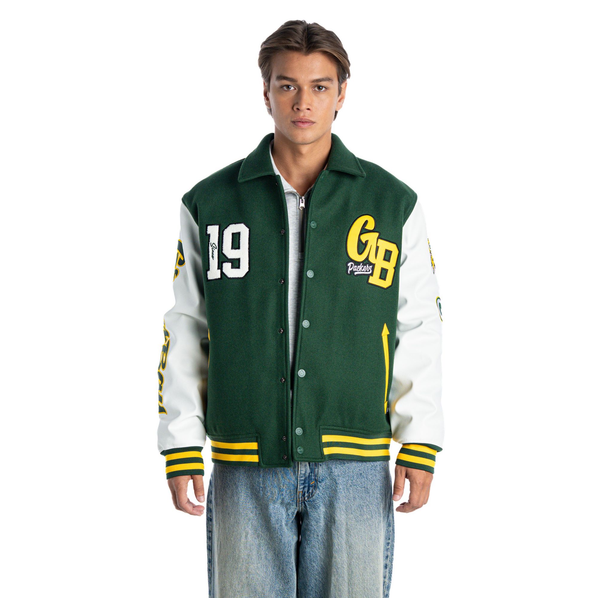 The Wild Collective Women's Green Bay Packers Collar Varsity Jacket