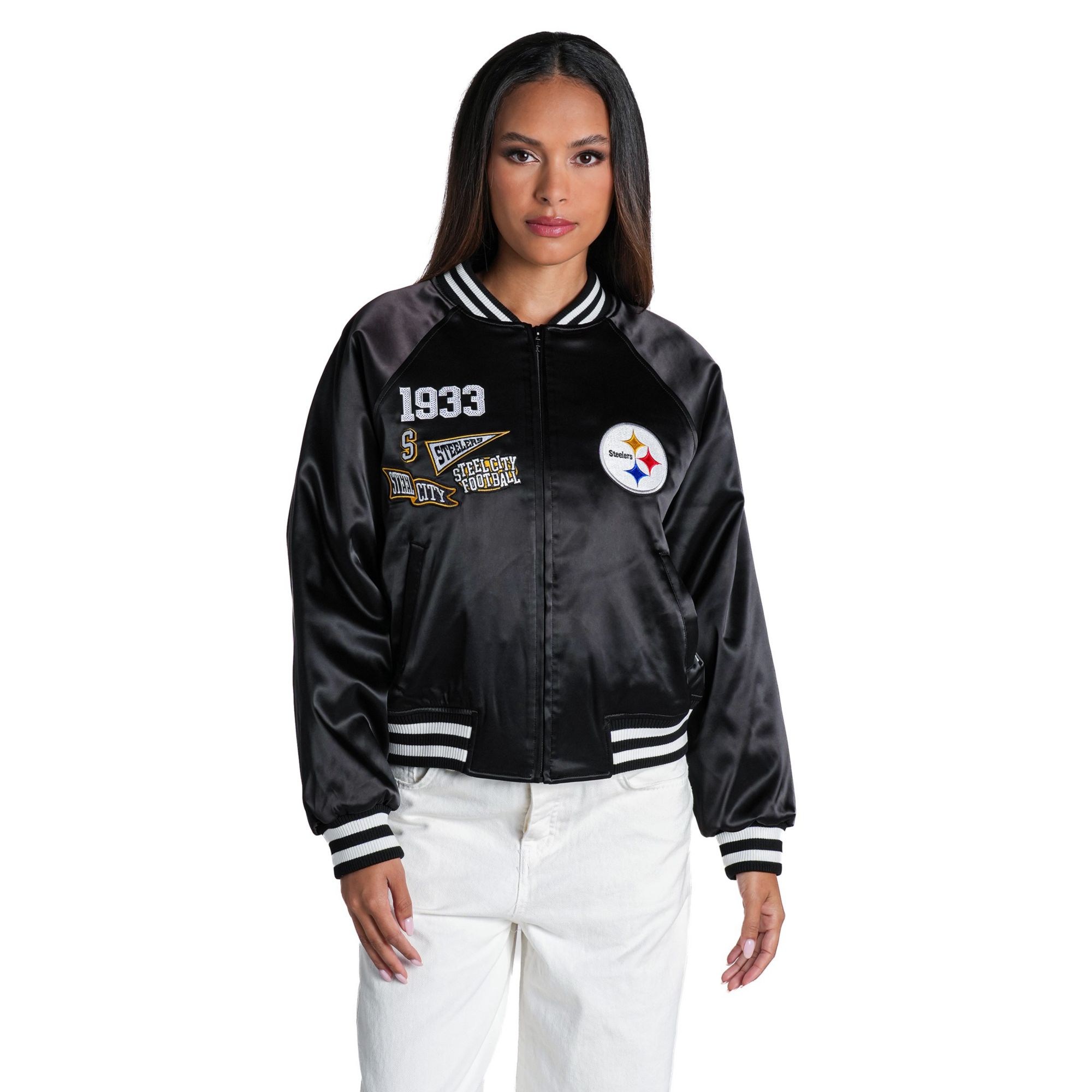 The Wild Collective Women's Pittsburgh Steelers Satin Raglan Bomber Jacket