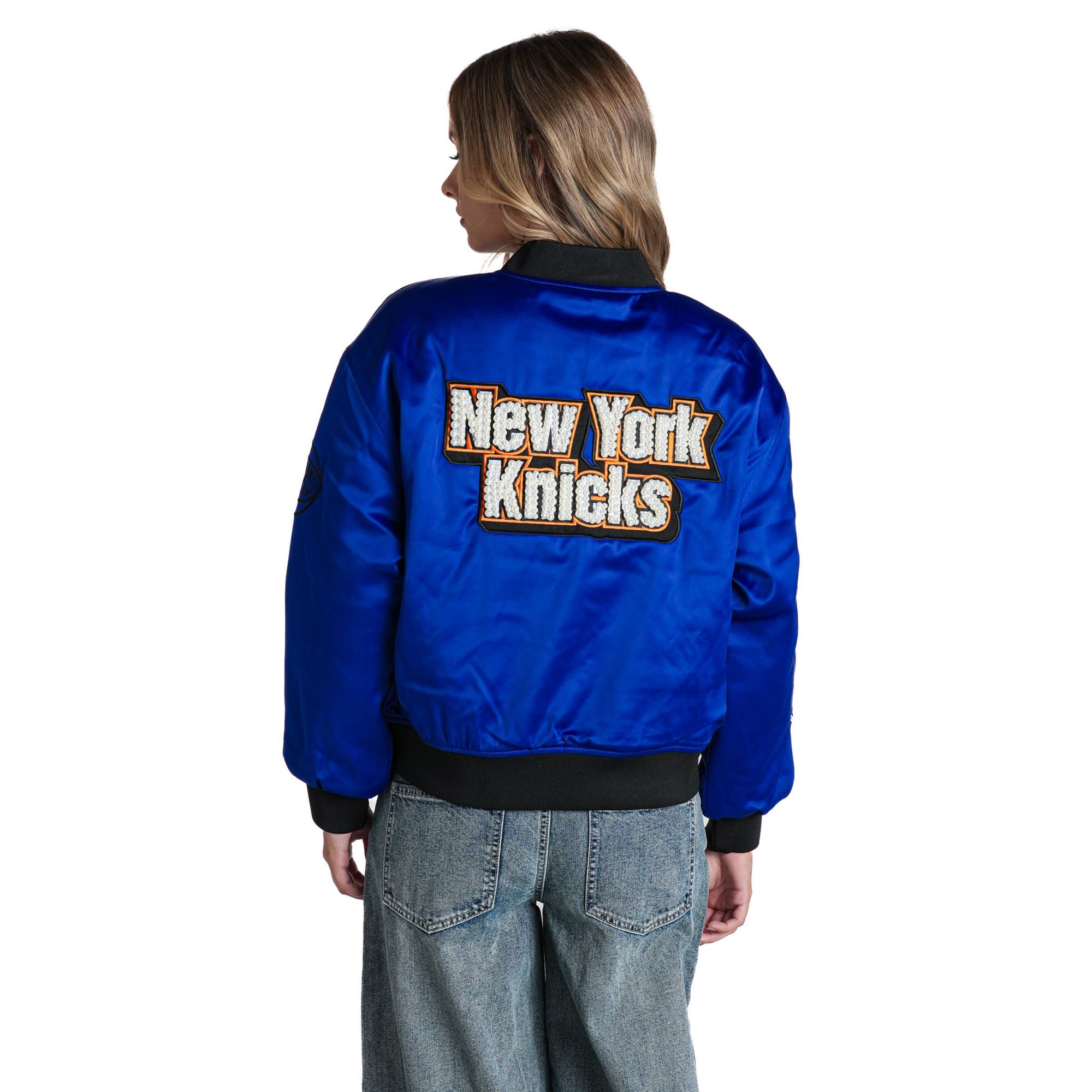 The Wild Collective Women's New York Knicks Pearl Satin Jacket, XL
