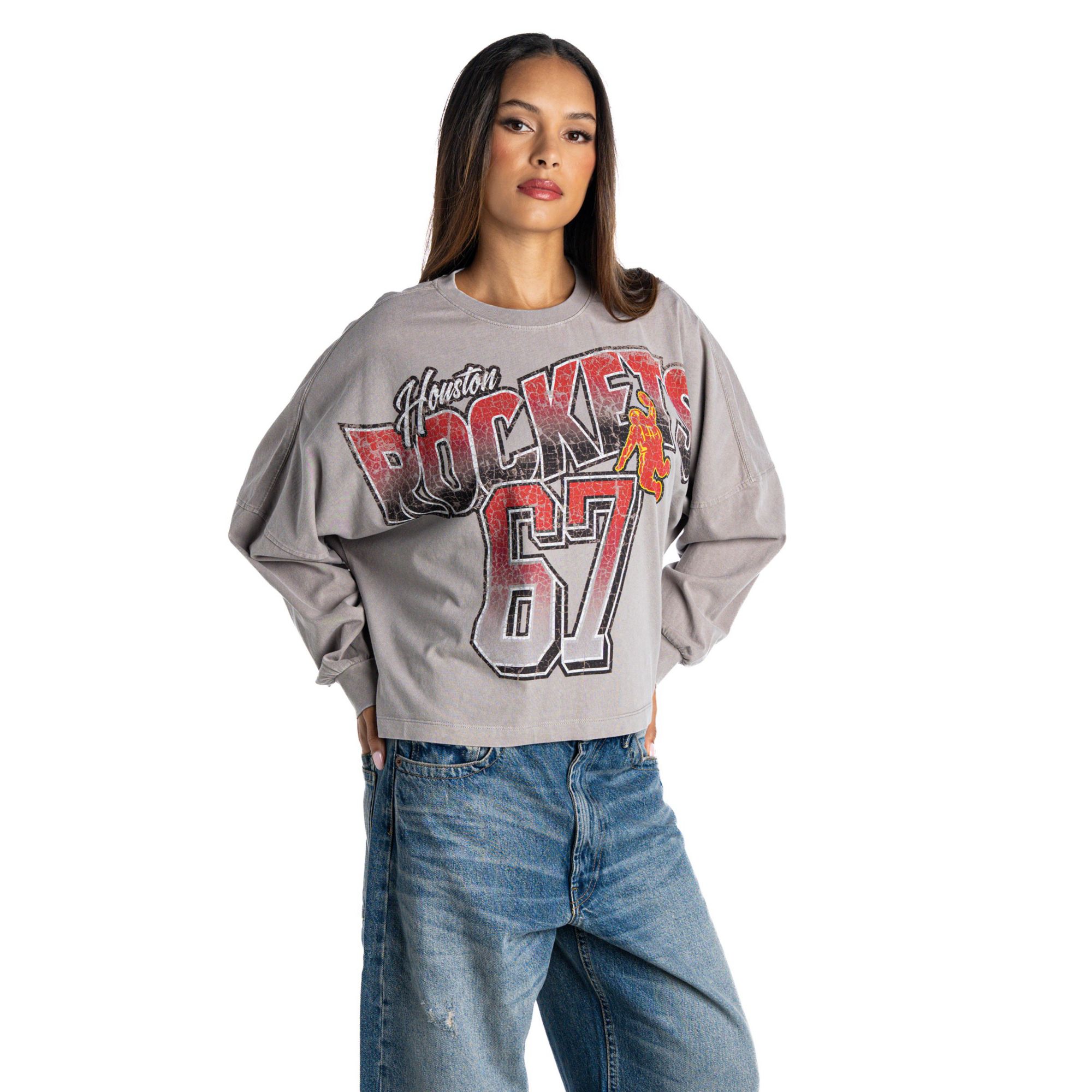 The Wild Collective Women's Houston Rockets Heavyweight Graphic Long Sleeve Shirt, XL, Gray