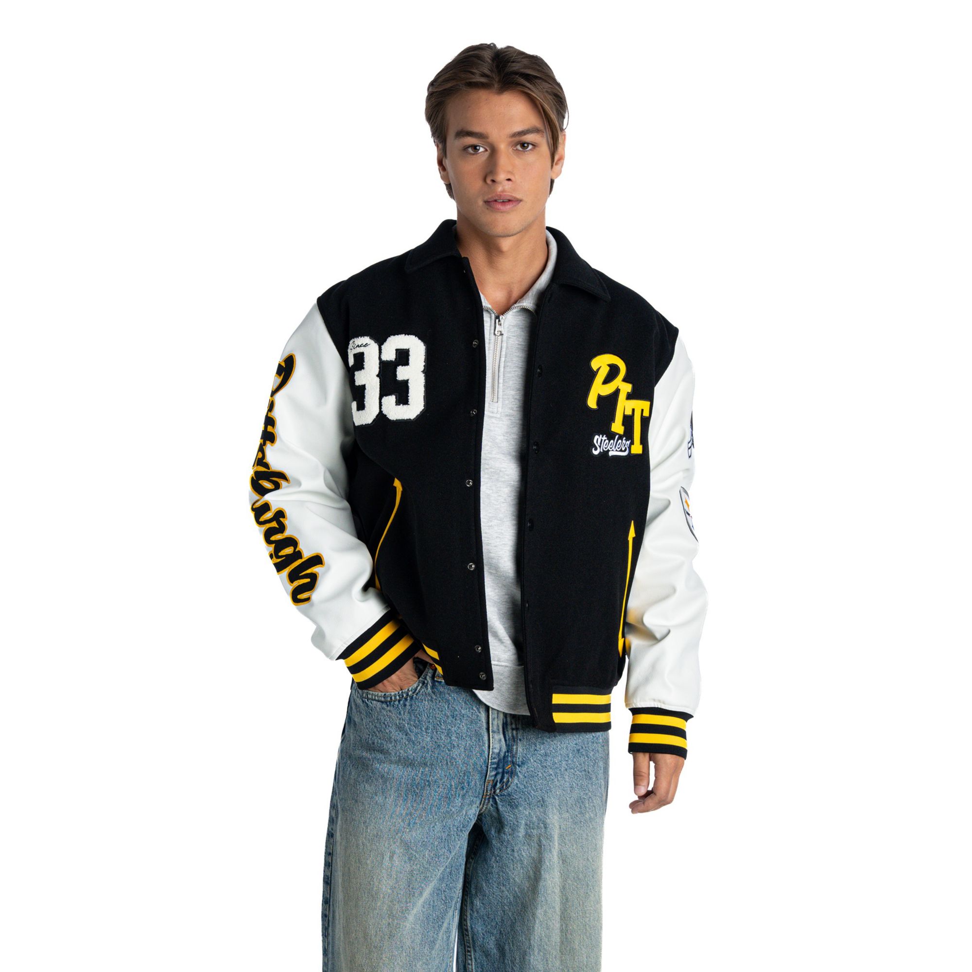 The Wild Collective Women's Pittsburgh Steelers Collar Varsity Jacket