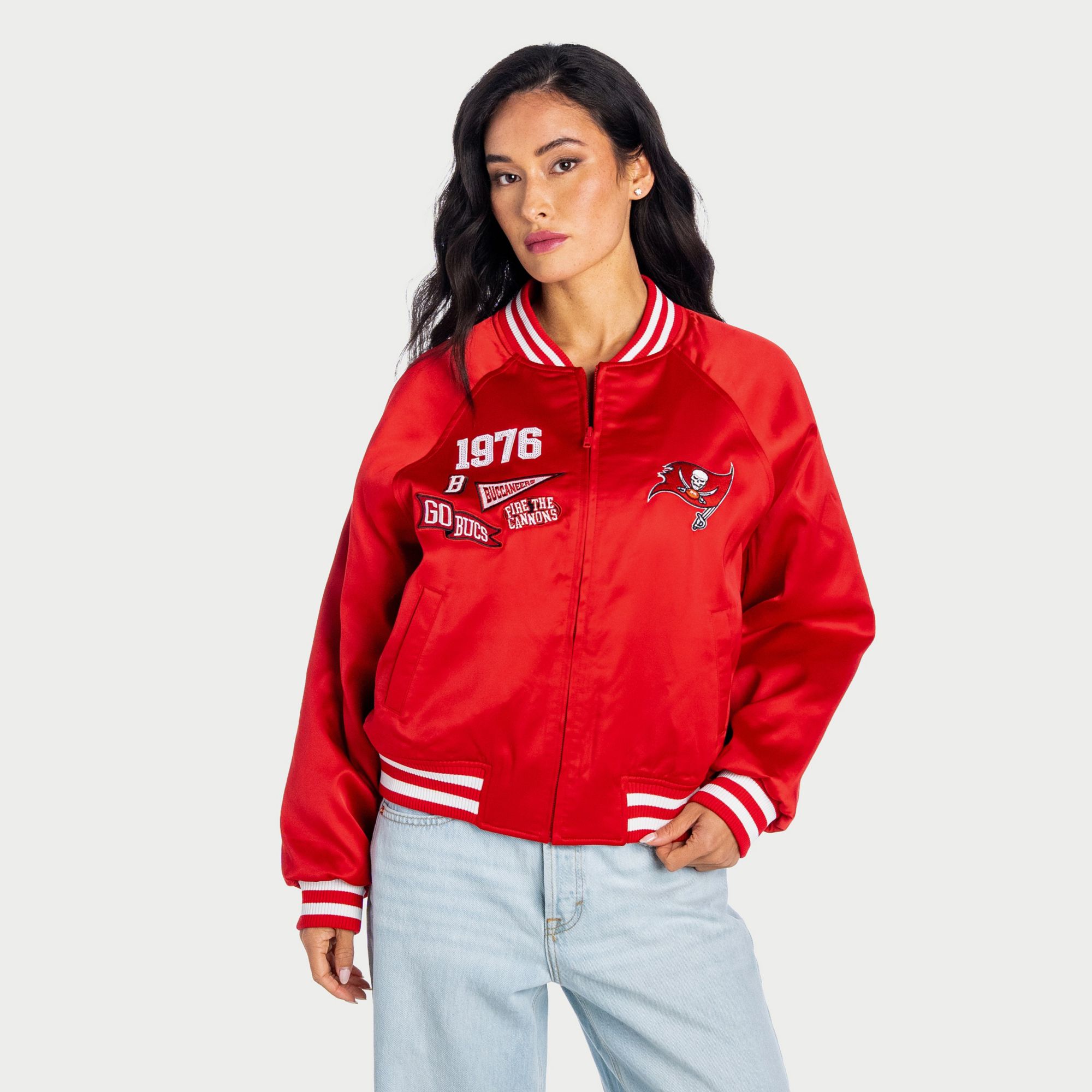 The Wild Collective Women's Tampa Bay Buccaneers Satin Raglan Bomber Jacket