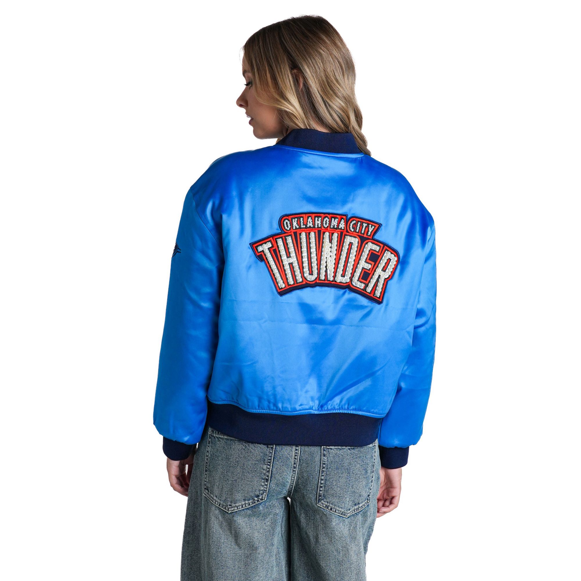 The Wild Collective Women's Oklahoma City Thunder Pearl Satin Jacket, Medium