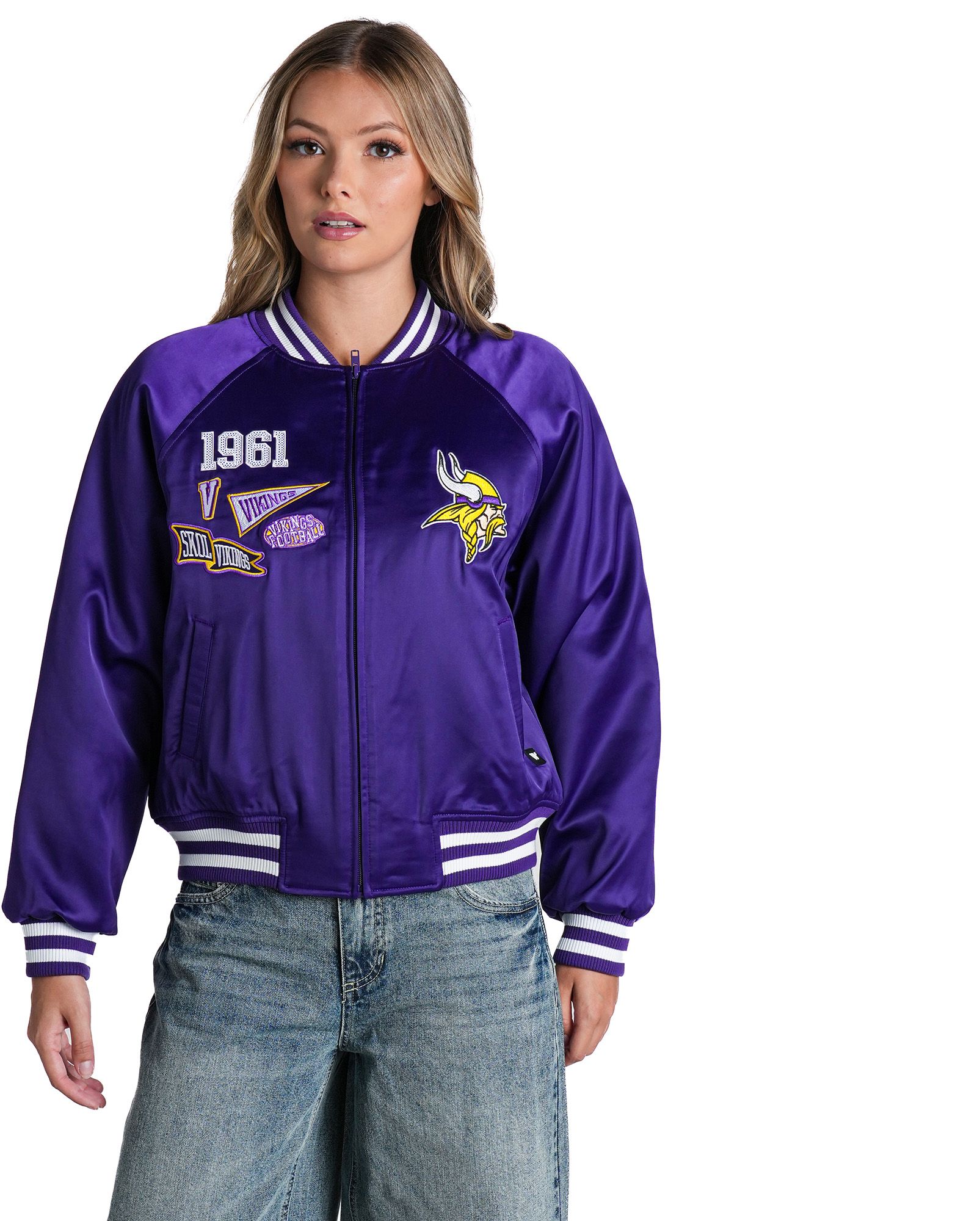 The Wild Collective Women's Minnesota Vikings Satin Bomber