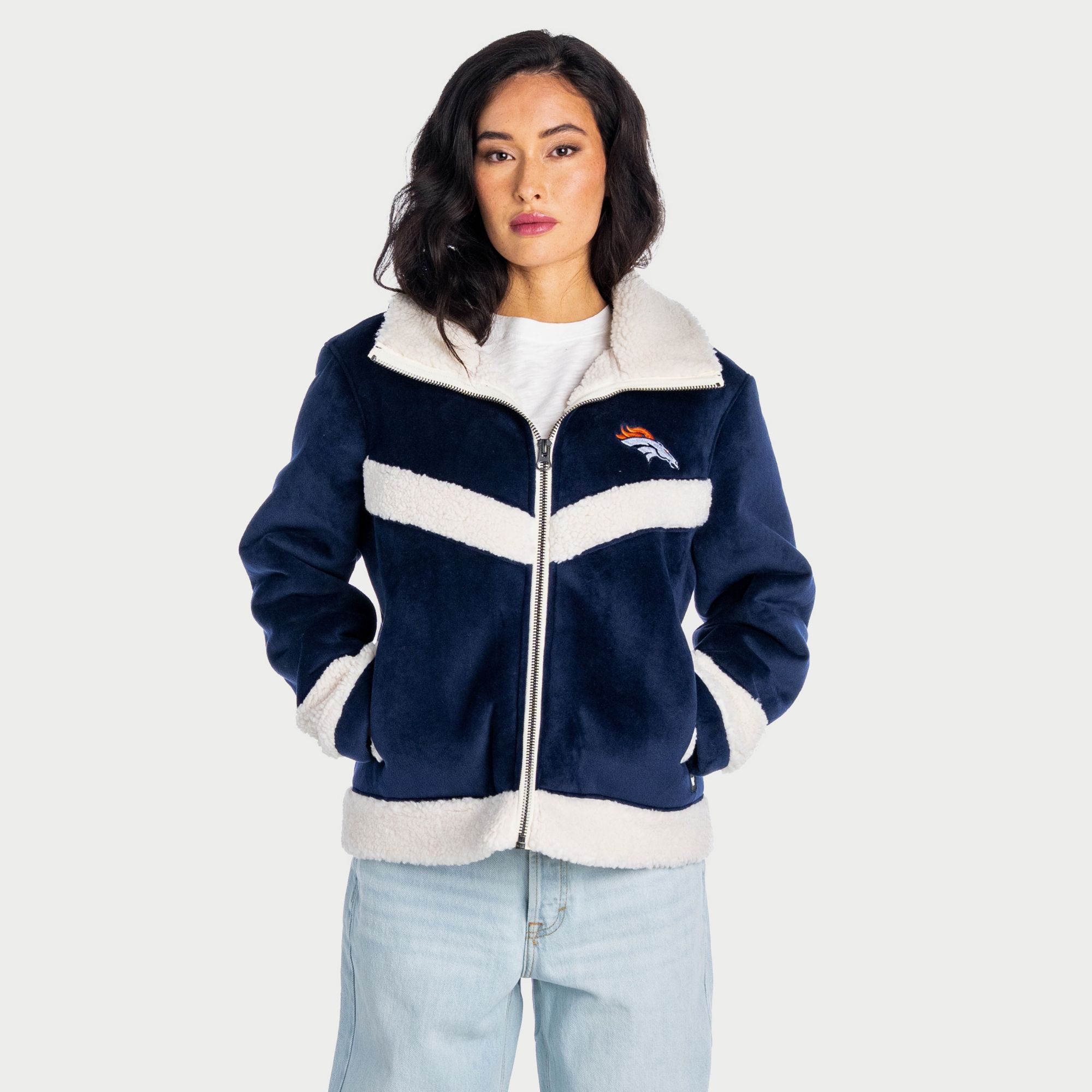 The Wild Collective Women's Denver Broncos Reversible Sherpa Full-Zip Bomber Jacket