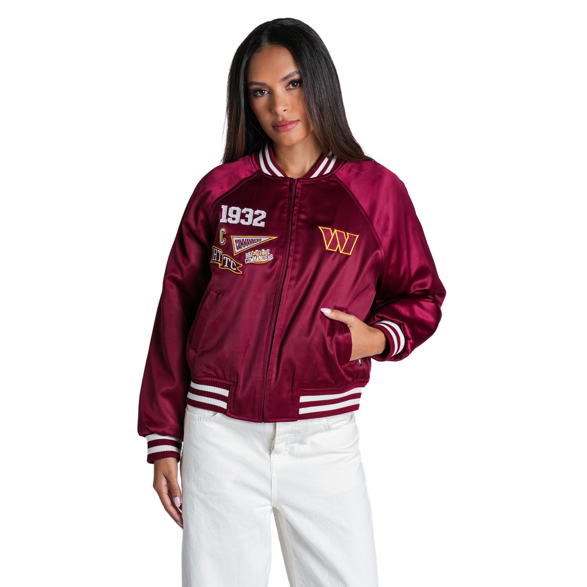 The Wild Collective Women's Washington Commanders Satin Raglan Bomber Jacket
