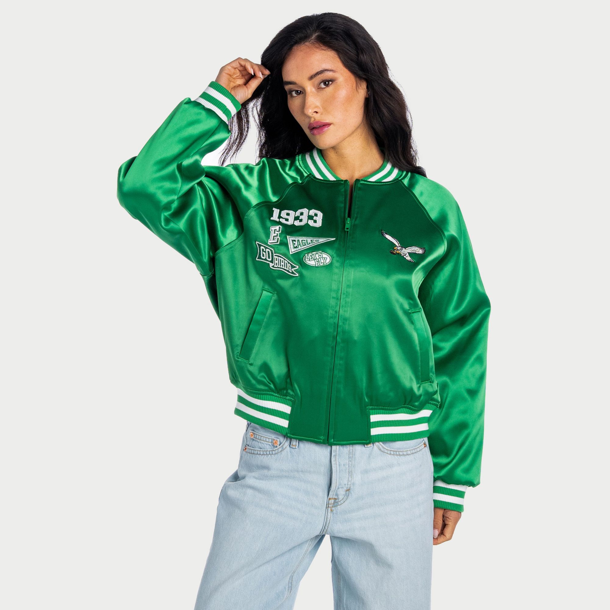 The Wild Collective Women's Philadelphia Eagles Satin Raglan Bomber Jacket