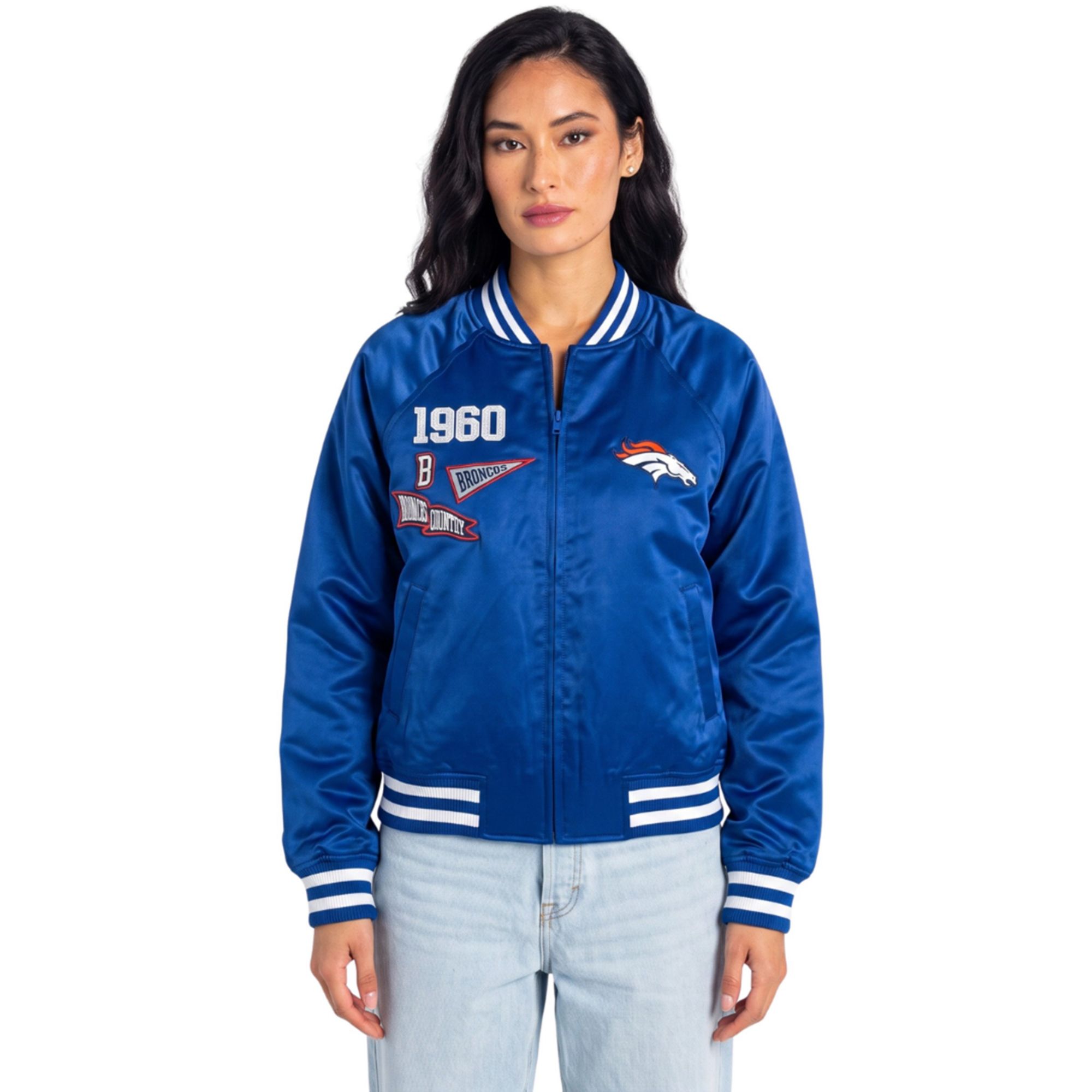 The Wild Collective Women's Denver Broncos Satin Raglan Bomber Jacket