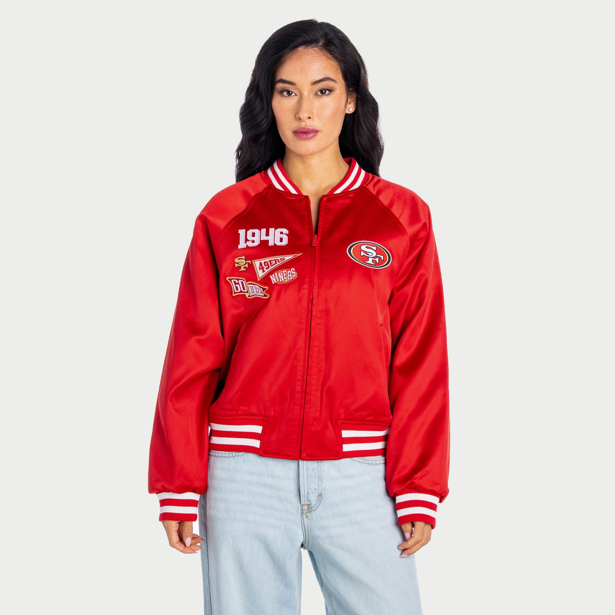 The Wild Collective Women's San Francisco 49ers Satin Raglan Bomber Jacket