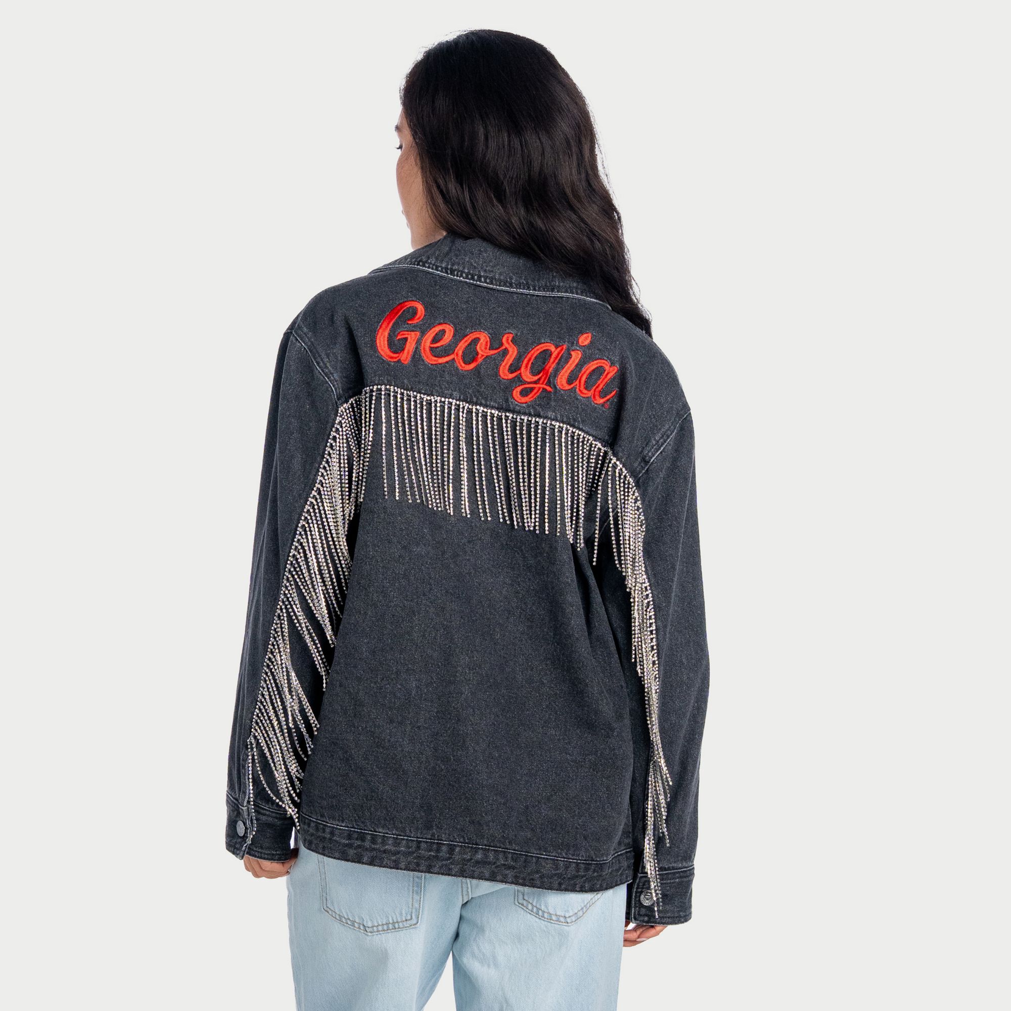 The Wild Collective Women's Georgia Bulldogs Black Fringe Jacket, XL