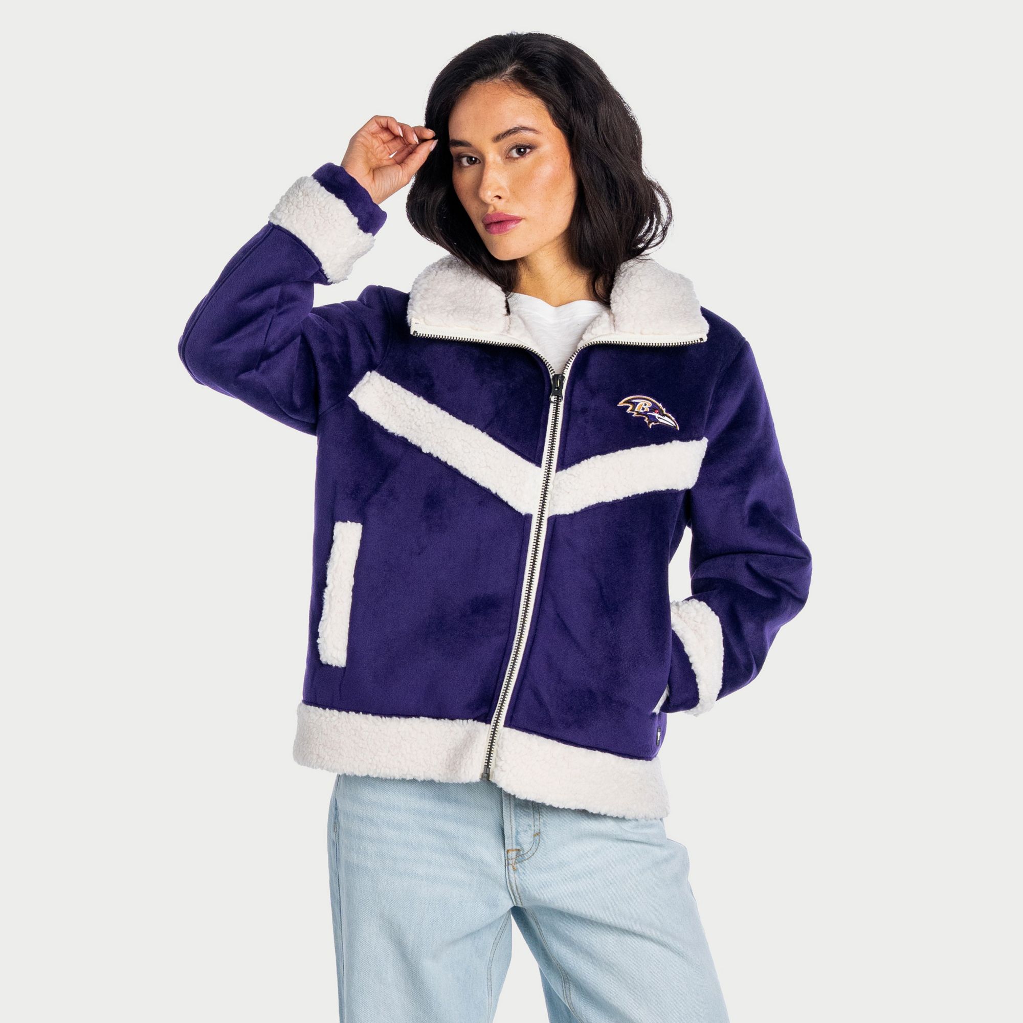 The Wild Collective Women's Baltimore Ravens Reversible Sherpa Full-Zip Bomber Jacket