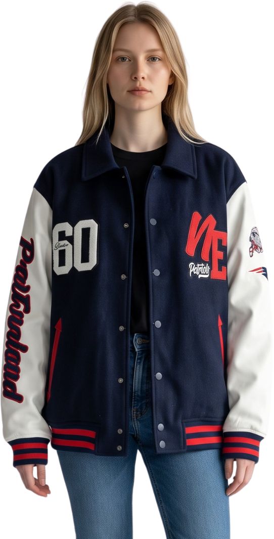 The Wild Collective Women's New England Patriots Collar Varsity Jacket