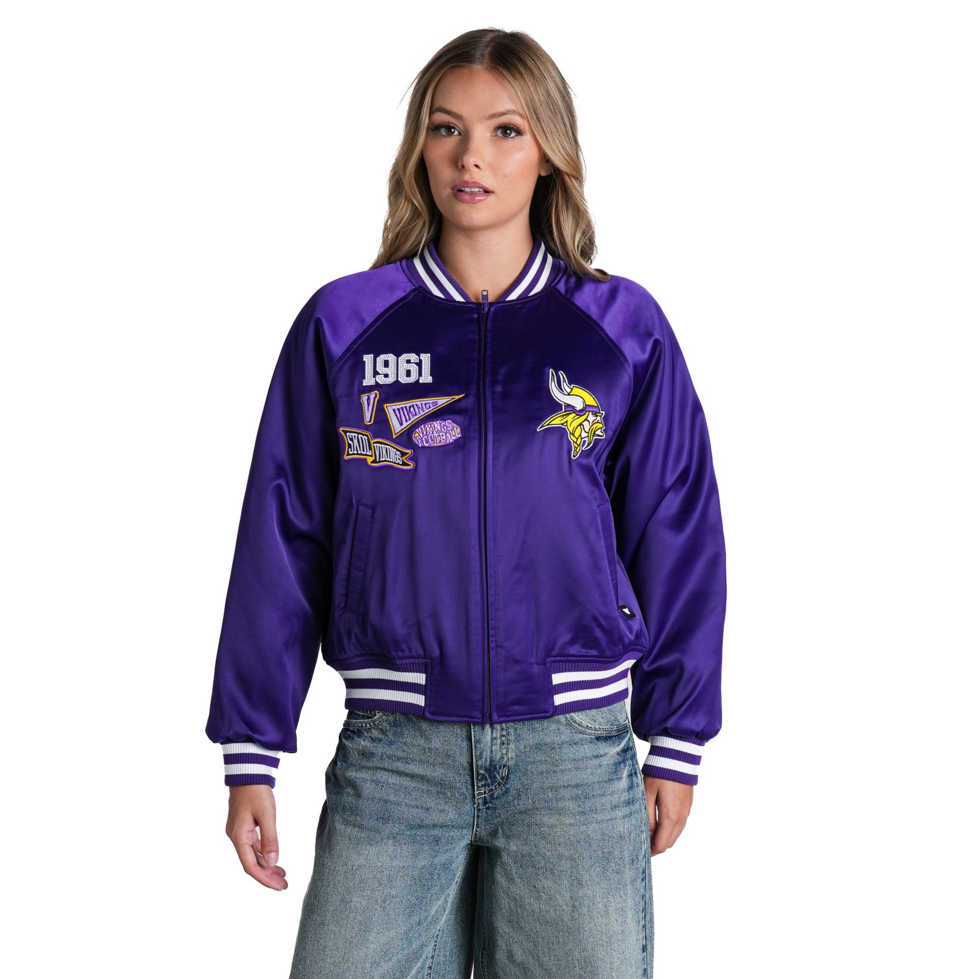 The Wild Collective Women's Minnesota Vikings Satin Raglan Bomber Jacket
