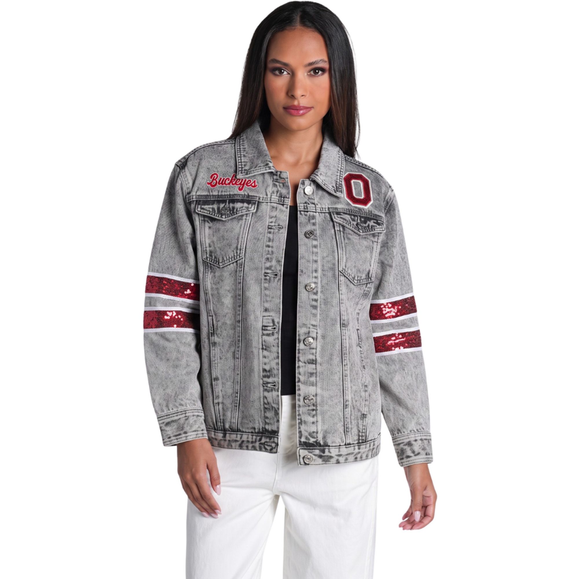 The Wild Collective Women's Ohio State Buckeyes Grey Denim Denim Jacket