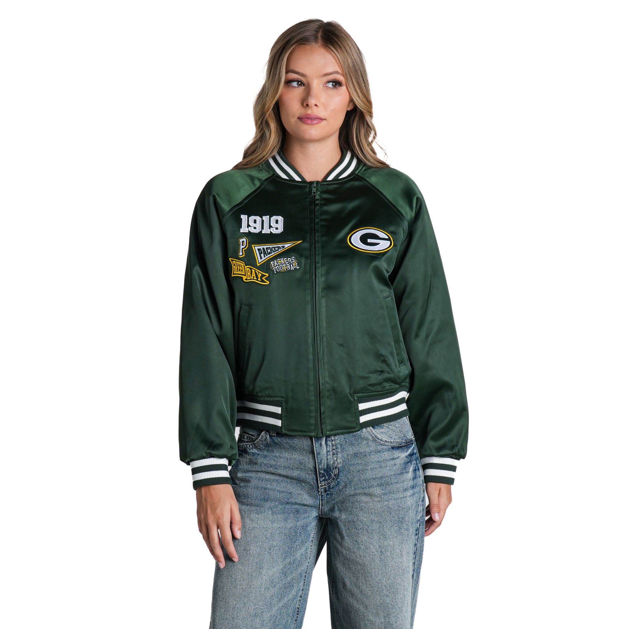 The Wild Collective Women's Green Bay Packers Satin Raglan Bomber Jacket