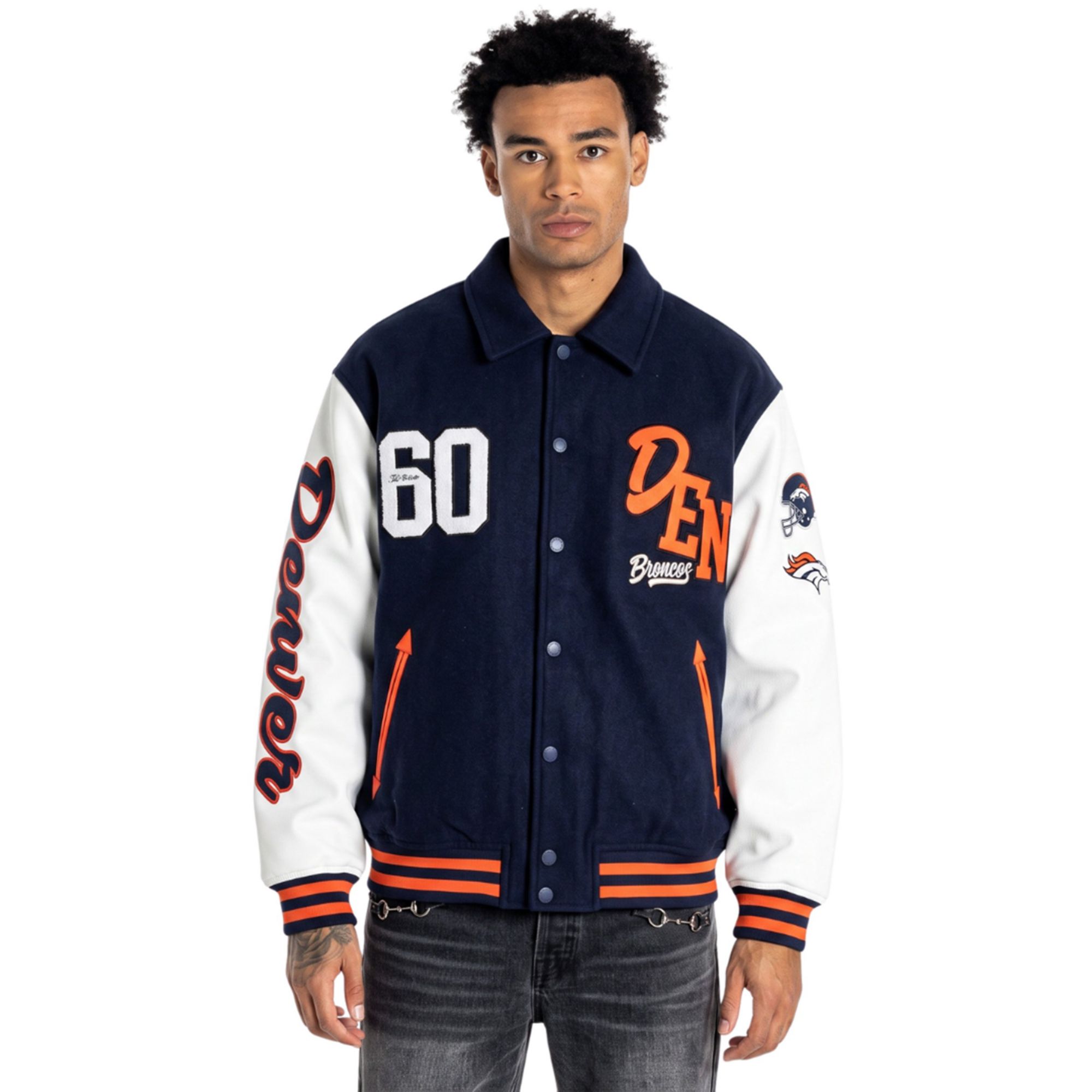 The Wild Collective Adult Denver Broncos Collar Varsity Jacket