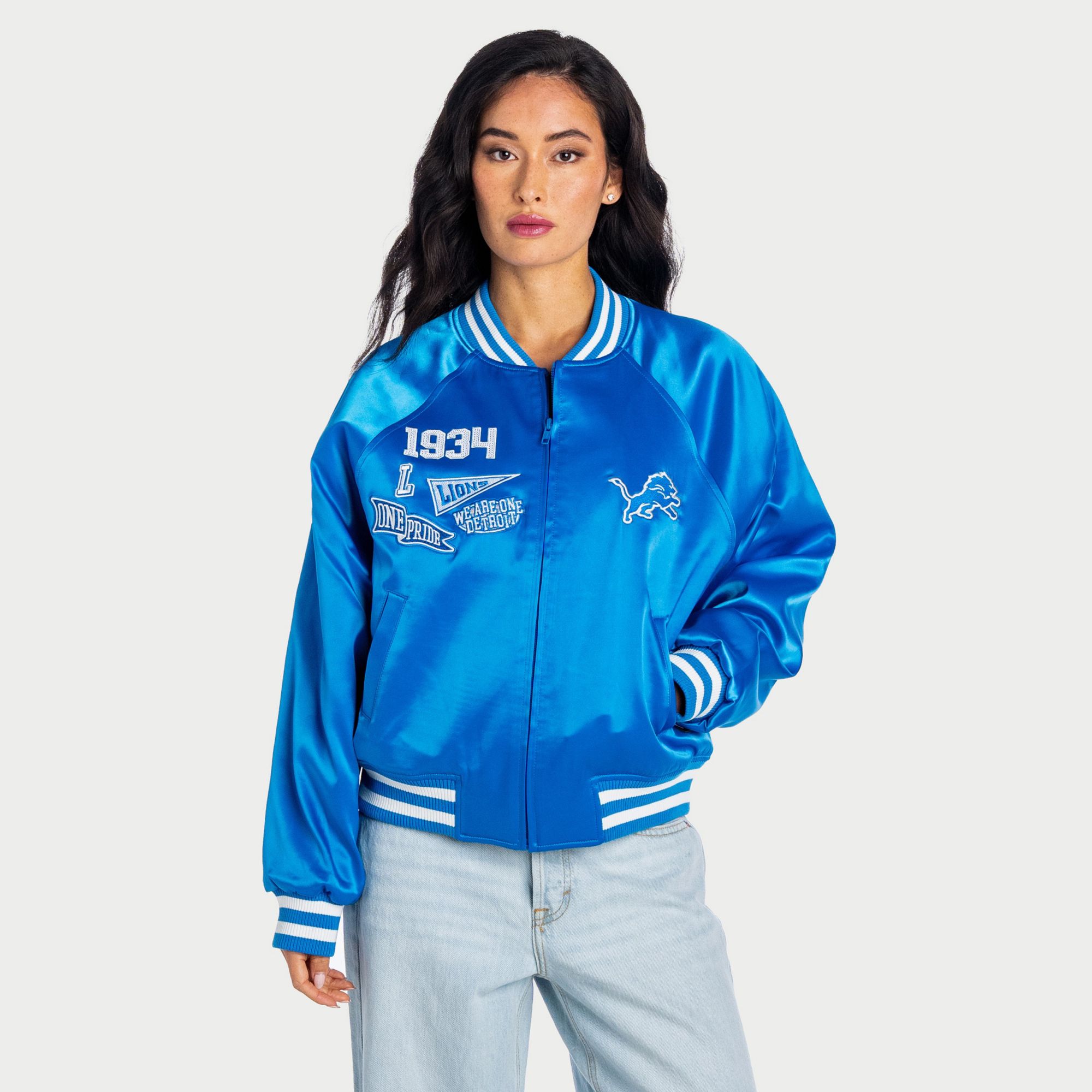 The Wild Collective Women's Detroit Lions Satin Raglan Bomber Jacket
